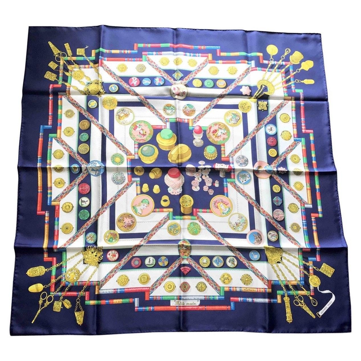 Hermes Vintage HERMES Carre navy silk scarf with yellow, pink, gree Size ONE SIZE - 1 Thumbnail