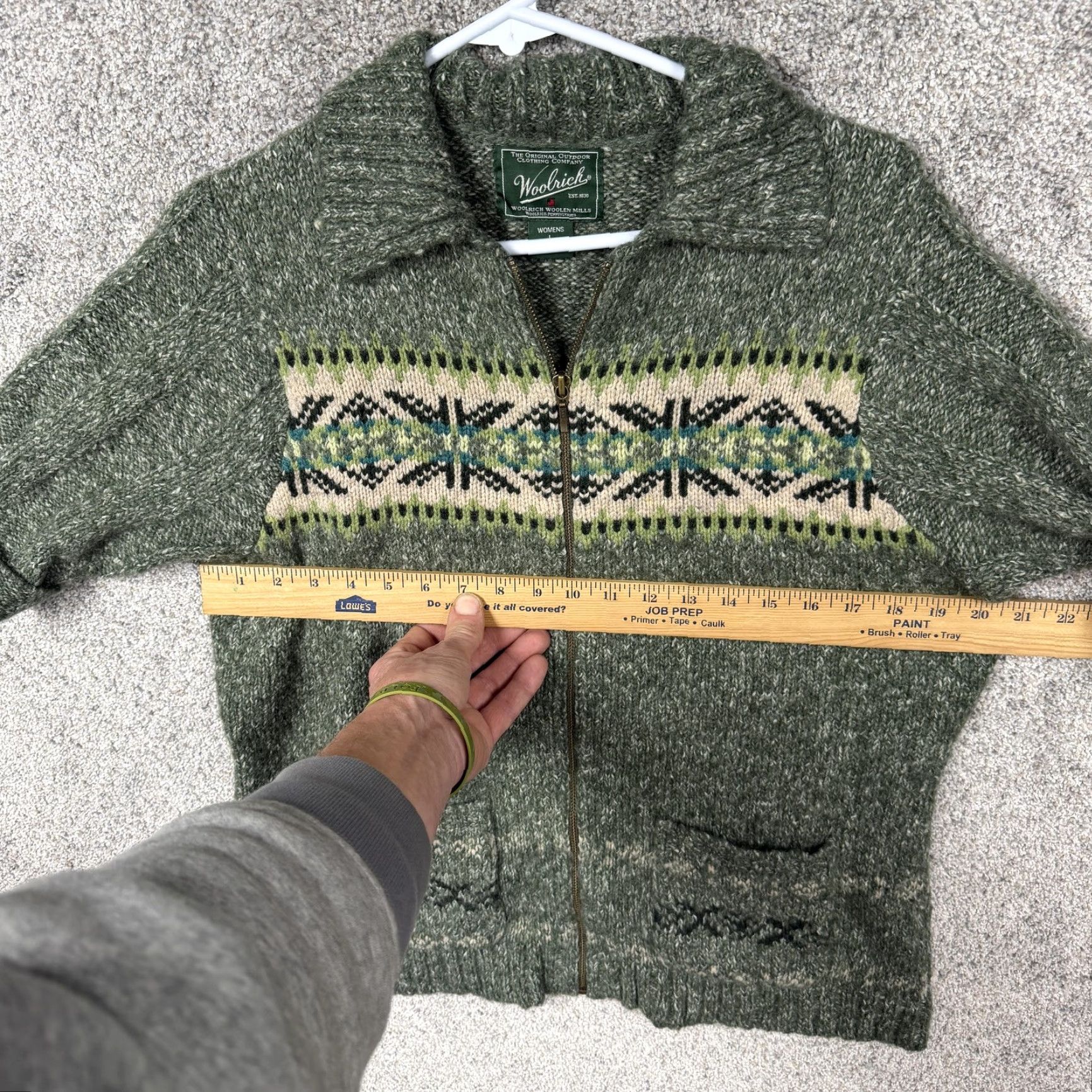 Vintage Woolrich Cardigan Sweater Womens L Green Fair Isle Full Zip Short Sleeve Boho Outdoor Knit Pattern Holiday Fall Wind-Down Size L / US 10 / IT 46 - 3 Thumbnail