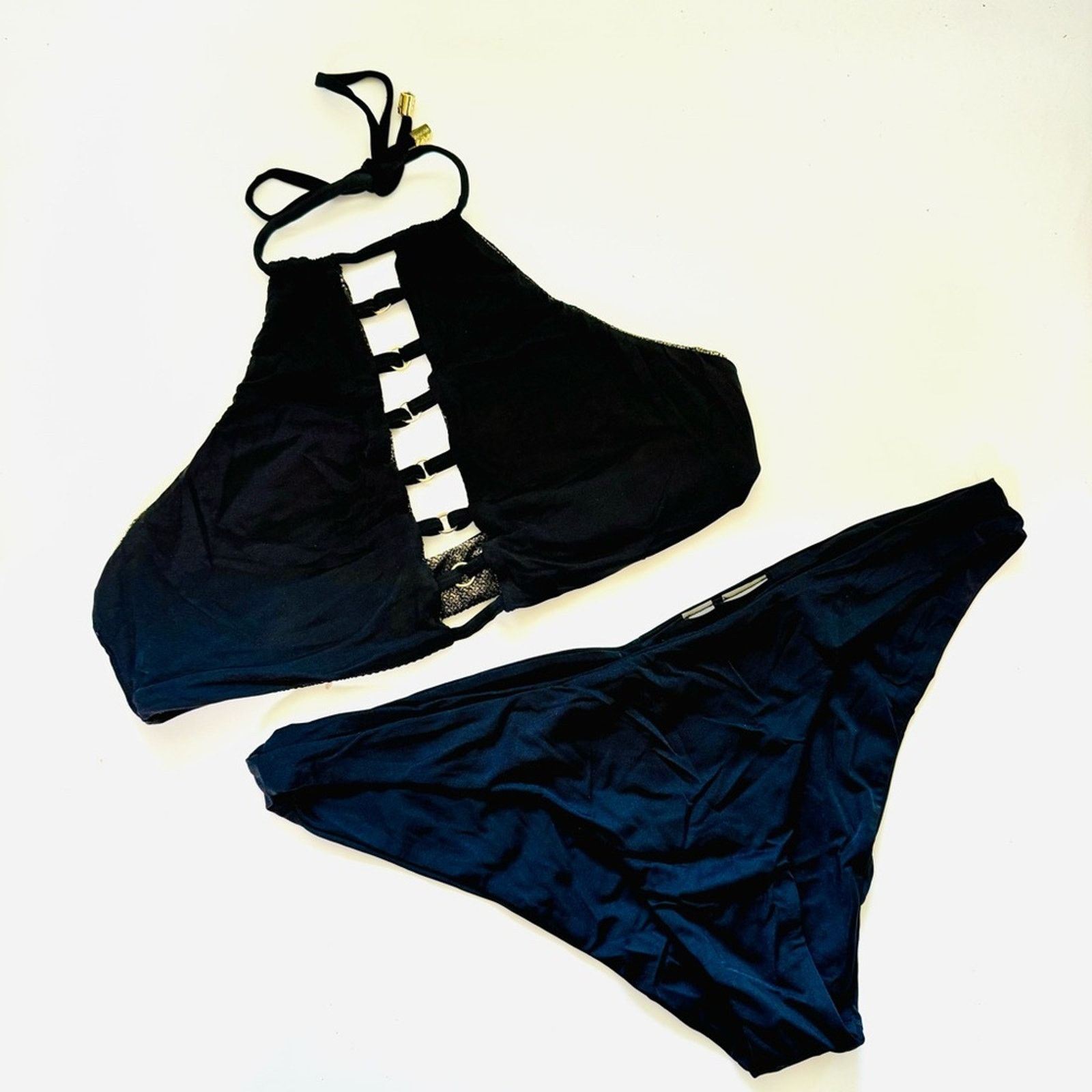 REVOLVE BEACH BUNNY Bronze Fools Gold Halter Bikini Top Black Bottom Size ONE SIZE - 5 Thumbnail