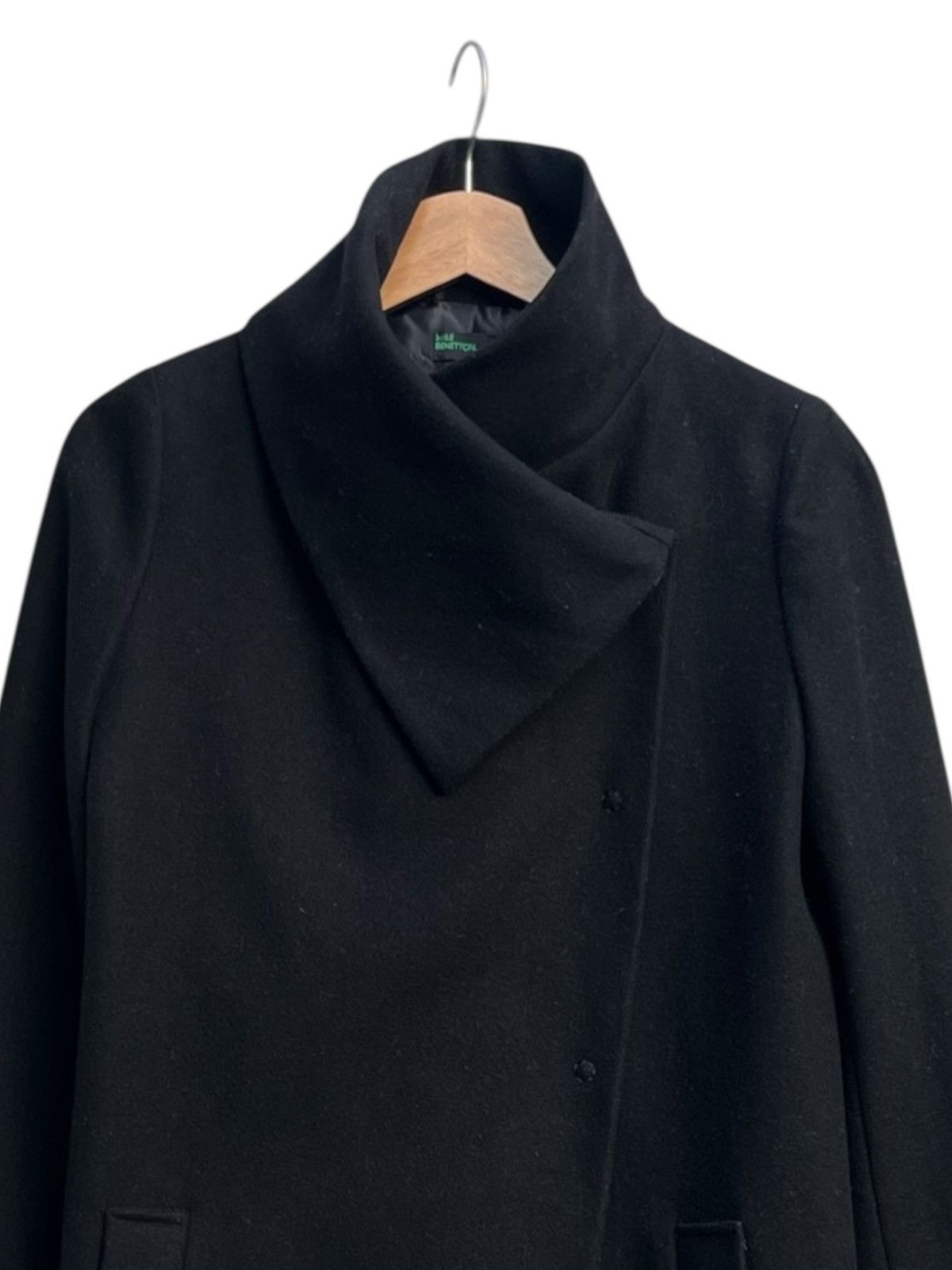 United Colors Of Benetton Stile Benetton Asymmetric Wool Wrap Coat Funnel Neck Black Size S / US 4 / IT 40 - 8 Thumbnail