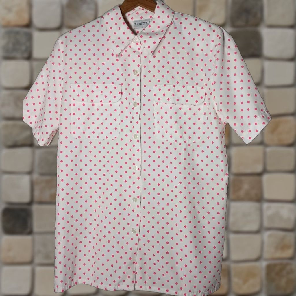 Pinko VINTAGE Apparenza Blouse Shirt Womens S White Pink Polka Dot Collared Button Short Sleeve Rockabilly 1980s Size S / US 4 / IT 40 - 1 Thumbnail