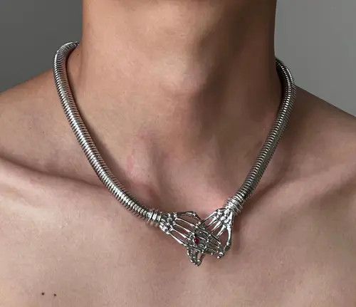 Jewelry Silver Skeleton Hands Choker Necklace, Mens Jewelry Size ONE SIZE - 4 Thumbnail