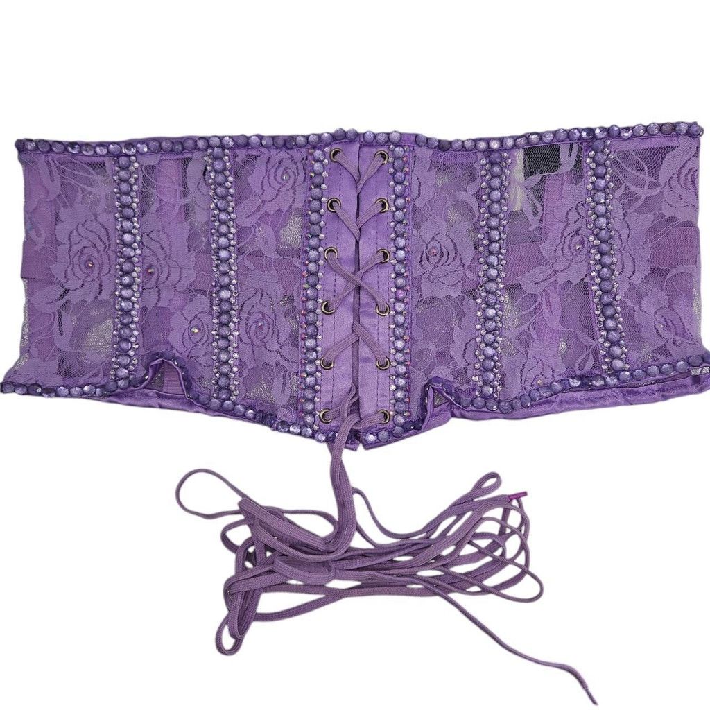 Vintage Purple Lace Corset Hand-Embellished with Rhinestones Size ONE SIZE - 4 Thumbnail
