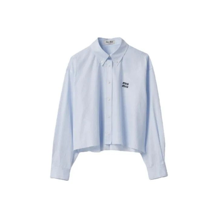 Miu Miu Blue Striped Cropped Long Sleeve Shirt 0079