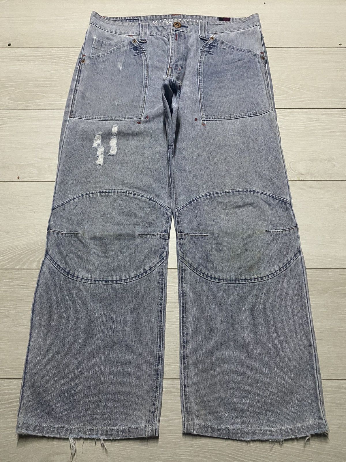 Japanese Brand Vintage KissMark Japan Double Knee StoneWash Baggy Jeans Size US 35 - 1 Thumbnail