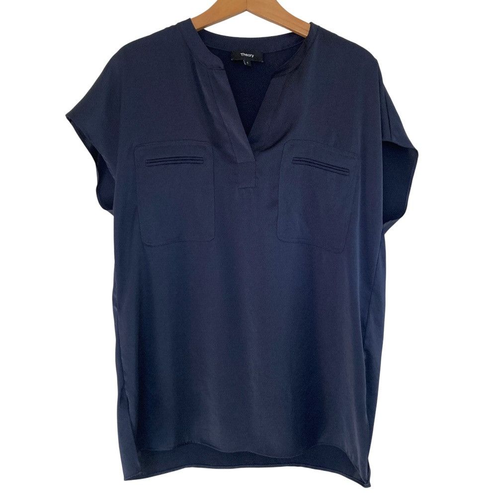 Theory Theory Crushed Satin Pkt Popover N Satin Short Sleeve Shirt Textile Tops Duty Free For Usa in Blue, Women's