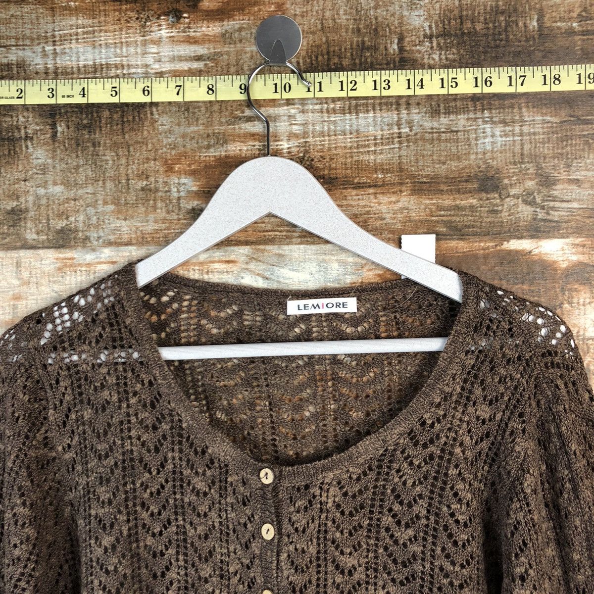 Japanese Brand Lemiore Brown crochet mesh net Cardigan Knitwear #A1482 Size M / US 6-8 / IT 42-44 - 4 Thumbnail