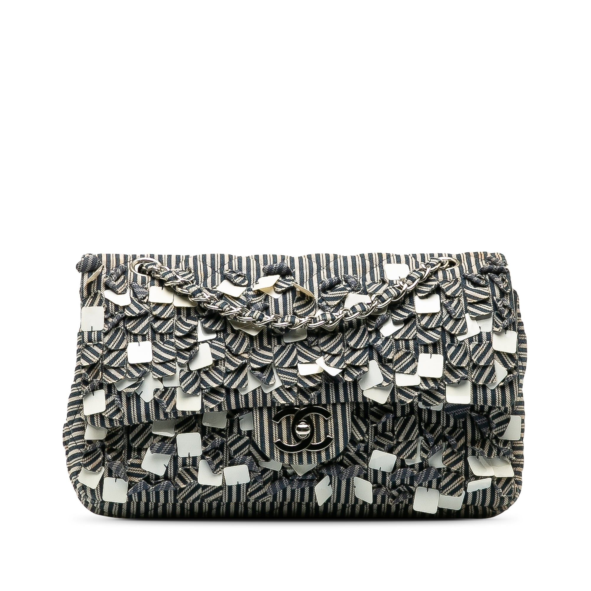 Chanel Medium Cotton Striped Double Flap Blue