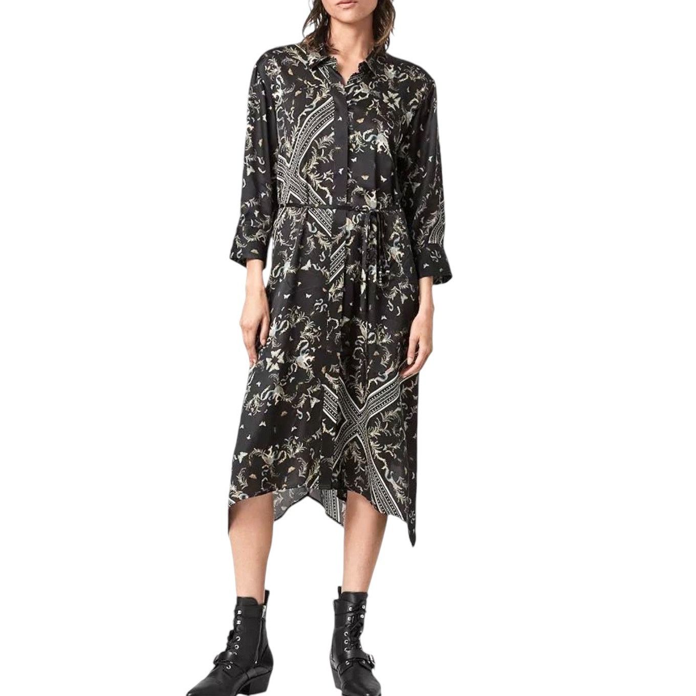 Allsaints All Saints Maia Silk Black Scarf Print Asymmetric Midi Dress Size S / US 4 / IT 40 - 2 Thumbnail