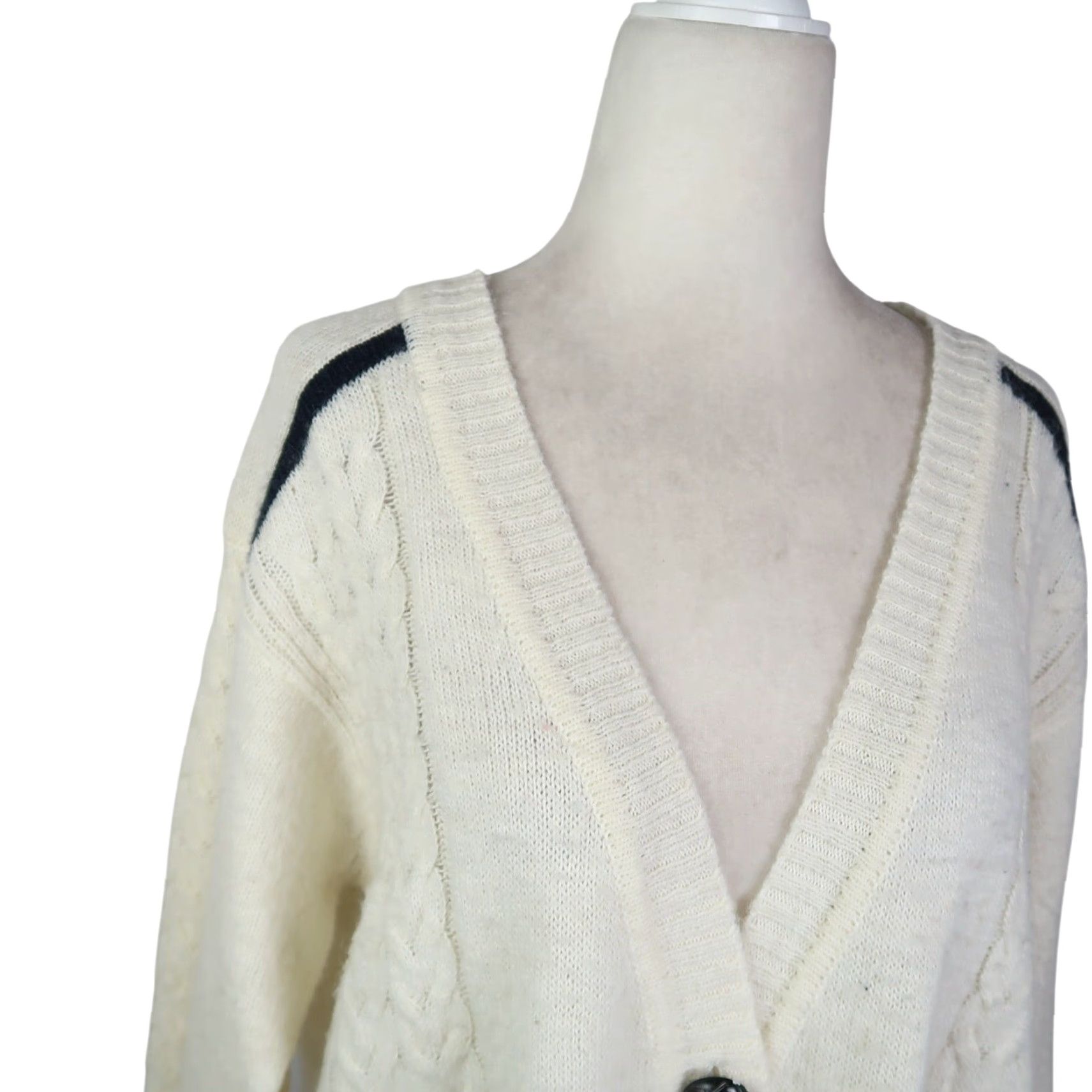Vintage Folk by Hansel From Basel Cardigan Sweater Cream Navy Trim Wool Blend XS Women Long Sleeve V-Neck Size XS / US 0-2 / IT 36-38 - 2 Thumbnail