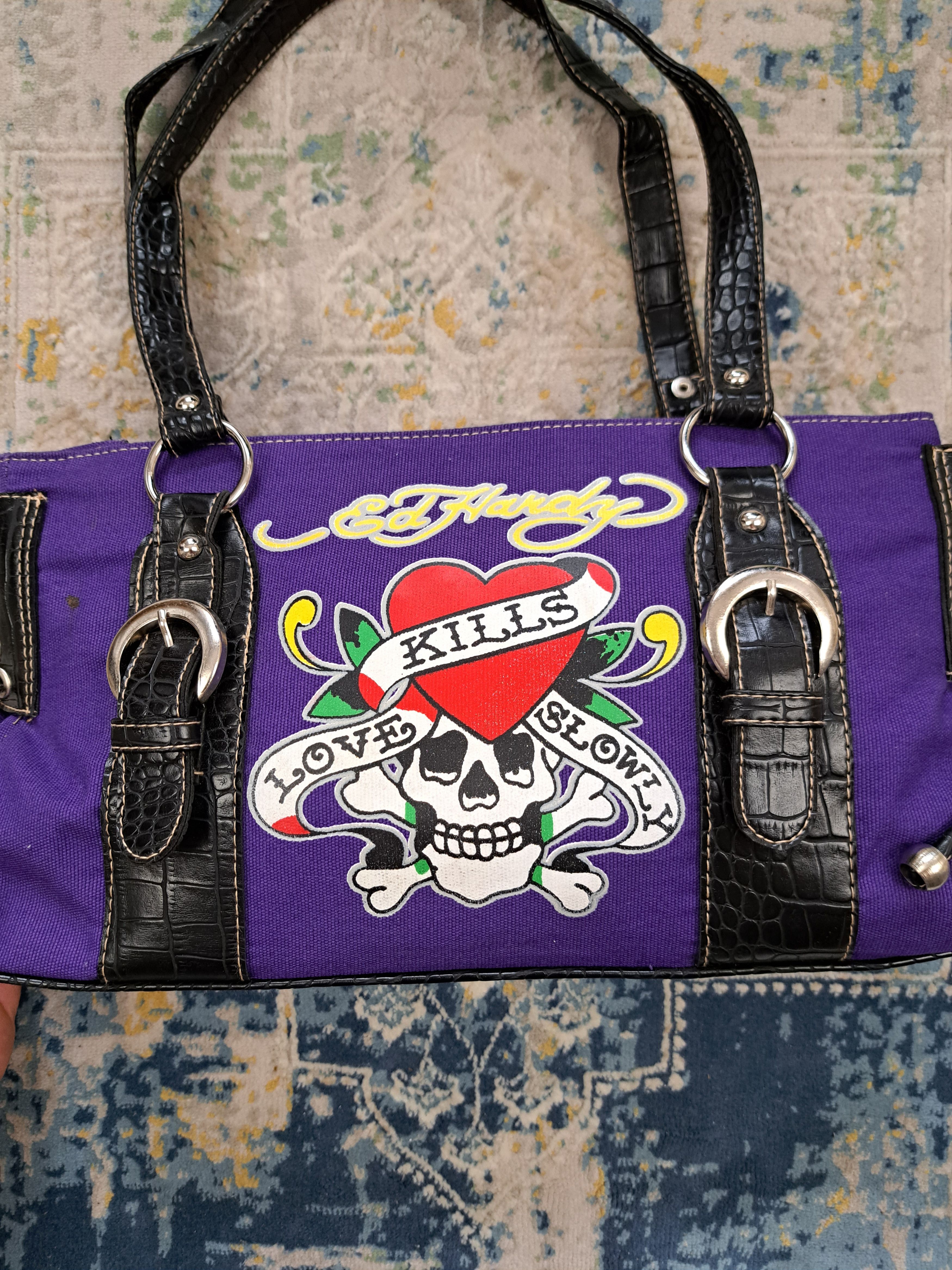 Ed Hardy Rare Ed Hardy y2k Purple Bag Drip Tattoo Love Kills Slowly Size ONE SIZE - 2 Thumbnail