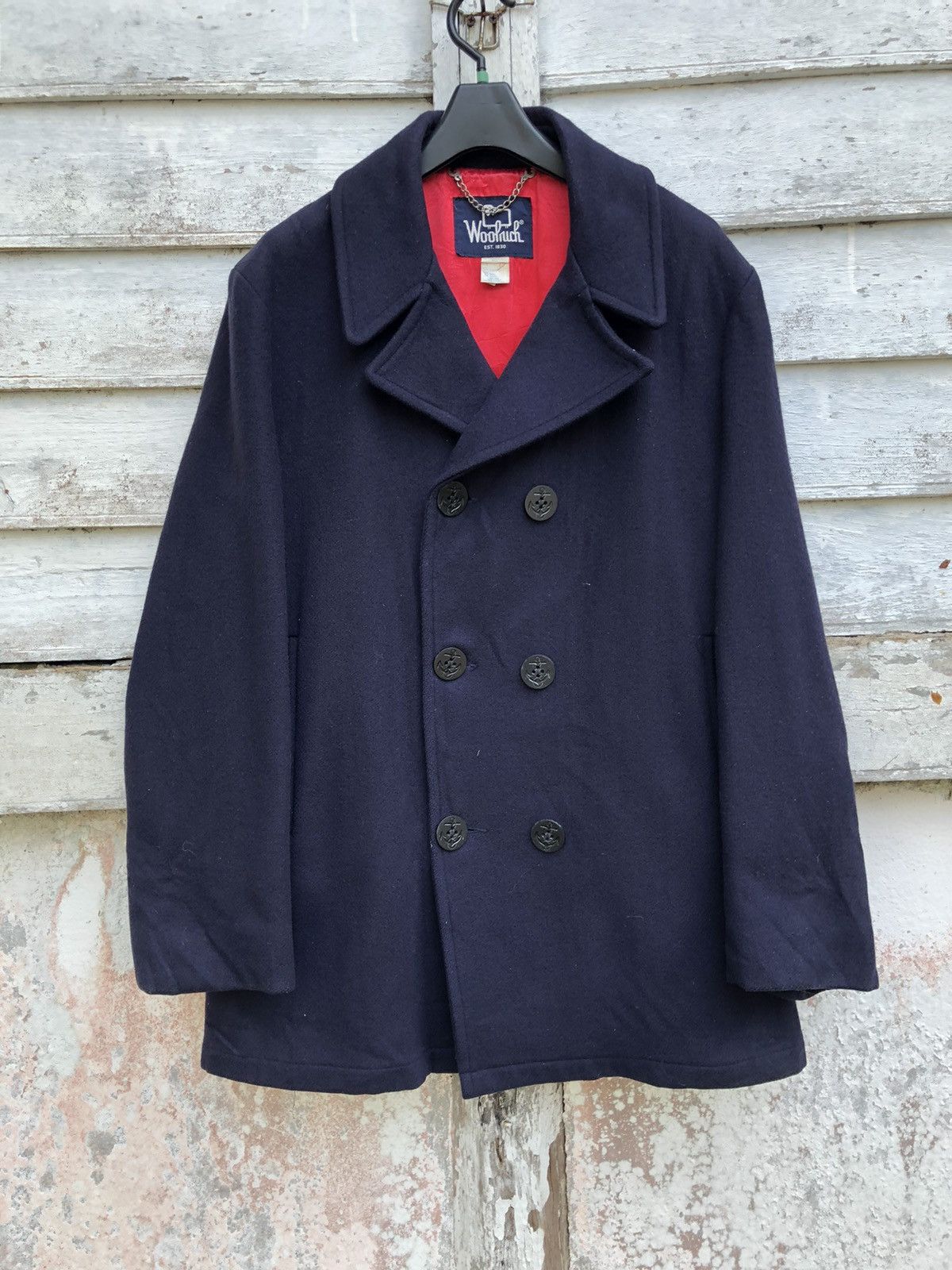 image of Vintage Woolrich Navy Wool Peacoat, Men's (Size Small)