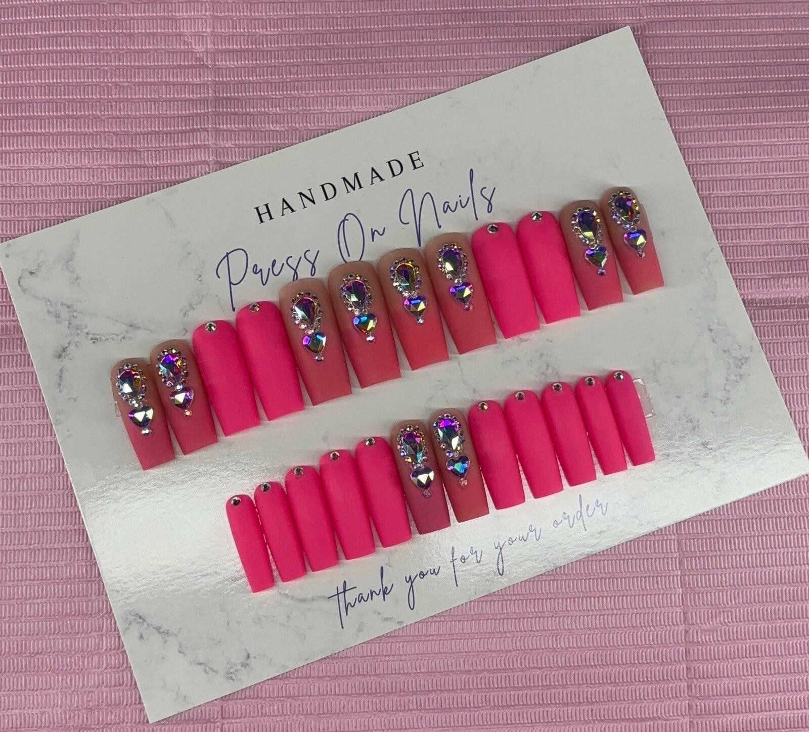 Handmade Long square Press on nails pink ombré rhinestones matte nude Size ONE SIZE - 7 Thumbnail
