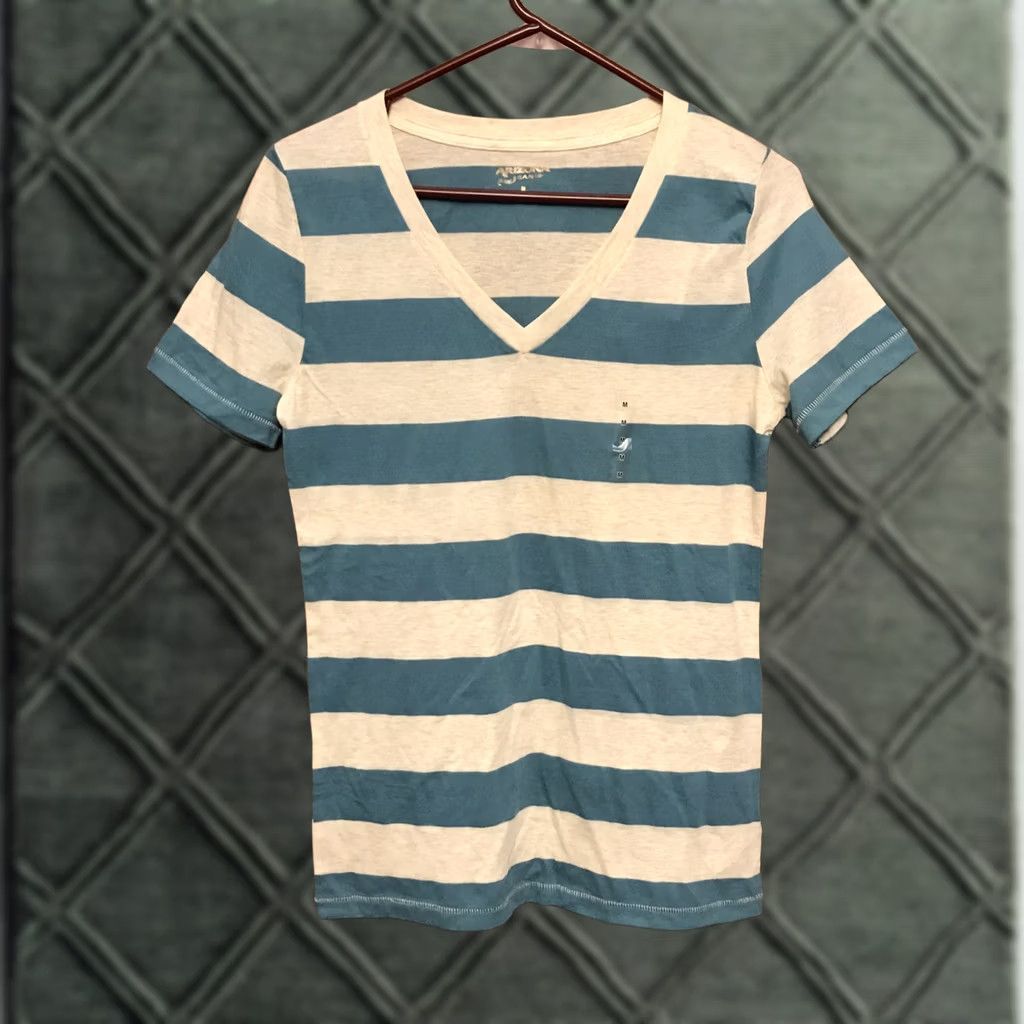 Vintage Arizona Jrs. new NWT Medium blue gray striped v-neck knit top shirt S/S 1569 Size M / US 6-8 / IT 42-44 - 1 Thumbnail