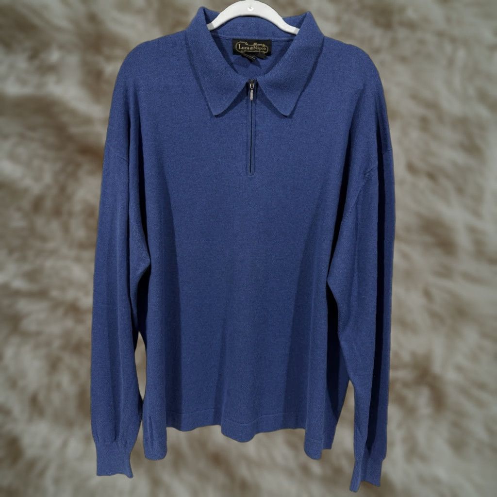 Vintage VINTAGE Luca diMarco Shirt XL Blue Silk/Cotton 1/4 Zip Collared 90s Men’s Slim/Luxury Brand: Luca diMarco 1/4 Zip Faint stain on front Size US XL / EU 56 / 4 - 1 Thumbnail