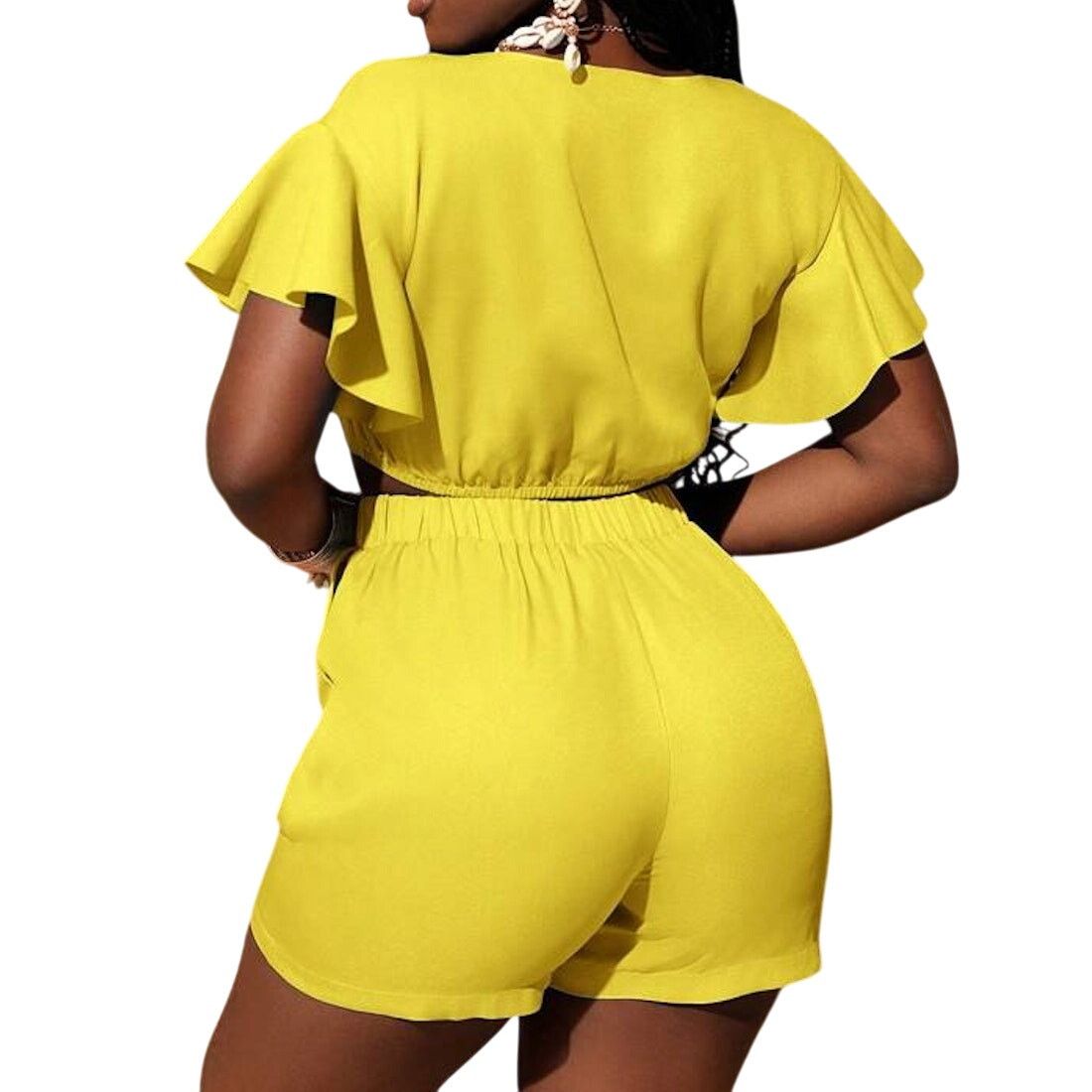 Shein Ruffled Short Sleeve Deep V-Neck Top And Pocket Shorts Set Size 27" / US 4 / IT 40 - 2 Thumbnail
