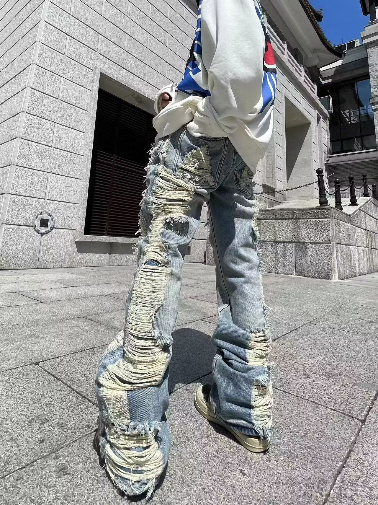 image of Vintage Damaged Distressed Ripped Flared Pants in Faded Blue, Men's (Size 30)