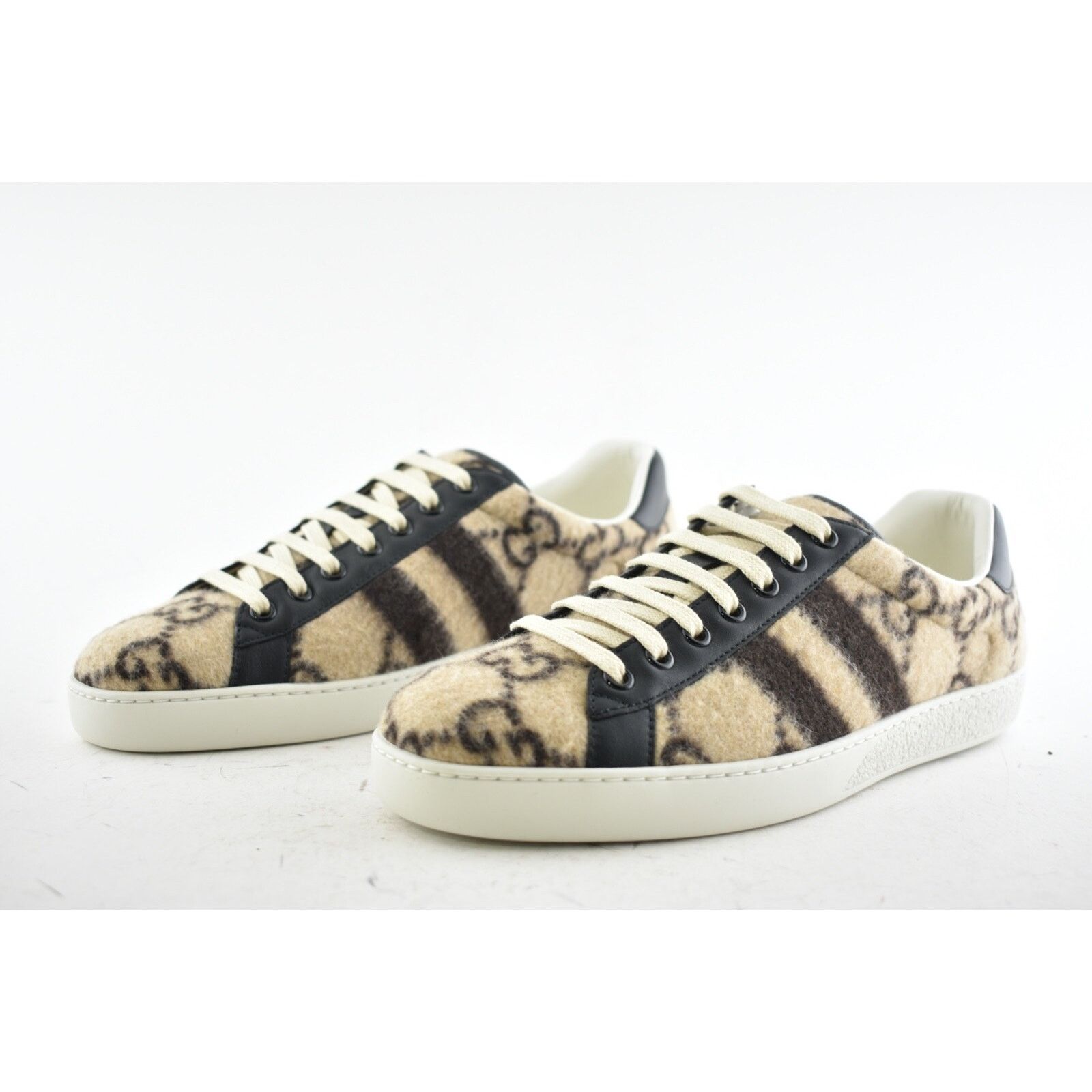 Gucci Gucci Mens New Ace Wool Brown Beige Black GG Logo Low Size US 8 / EU 41 - 9 Thumbnail