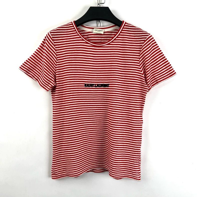 Saint Laurent Paris Saint Laurent Red and white striped flocked logo short slee Size M / US 6-8 / IT 42-44 - 1 Thumbnail