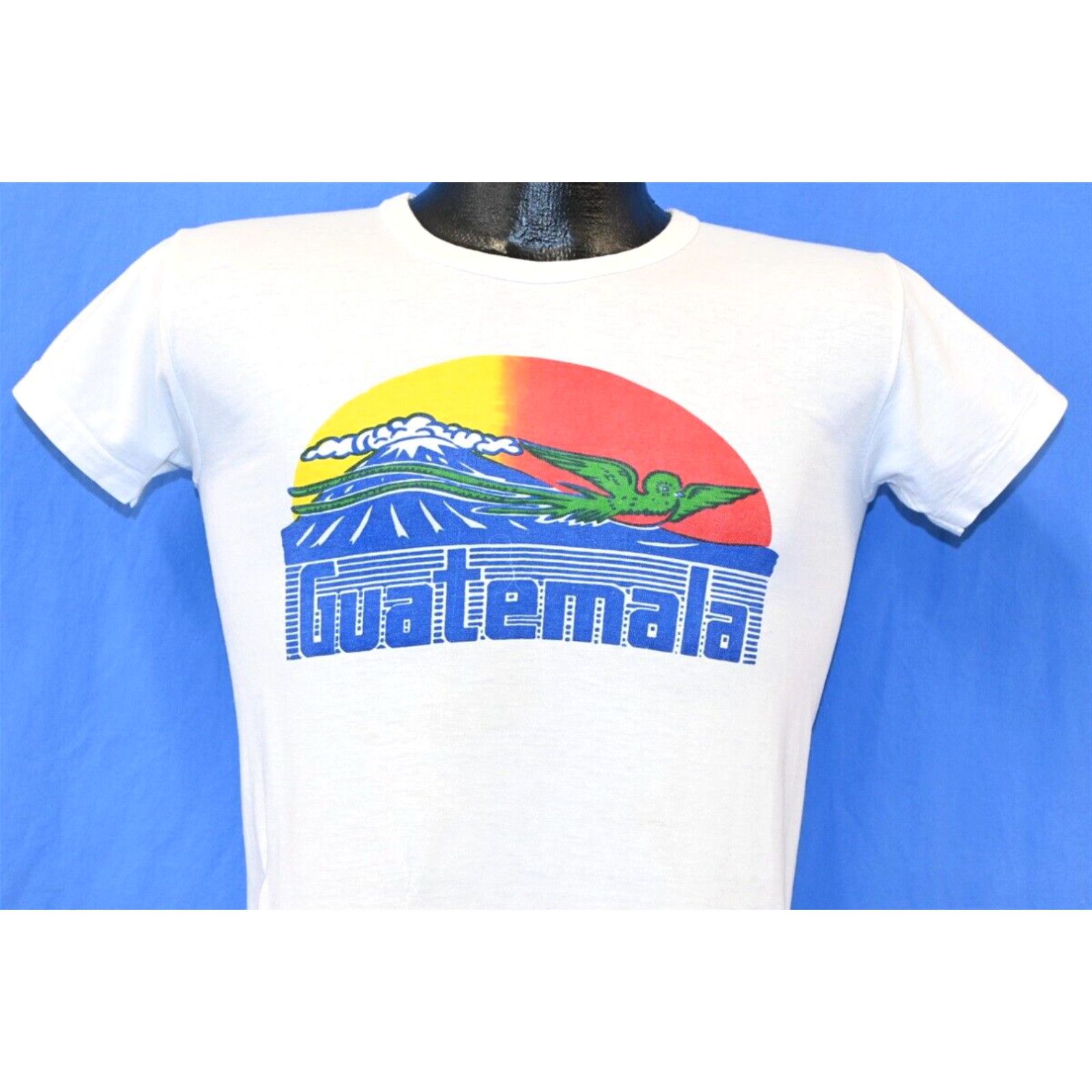 image of Vintage 70's Guatemala Volcano Quetzal Sunset Central America Souvenir T-Shirt Xs in White (Size Sm