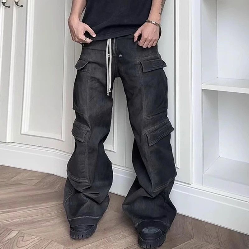 image of Hombre Drawstring Elastic Baggy Cargo Jeans Y2K in Black Grey, Men's (Size 34)