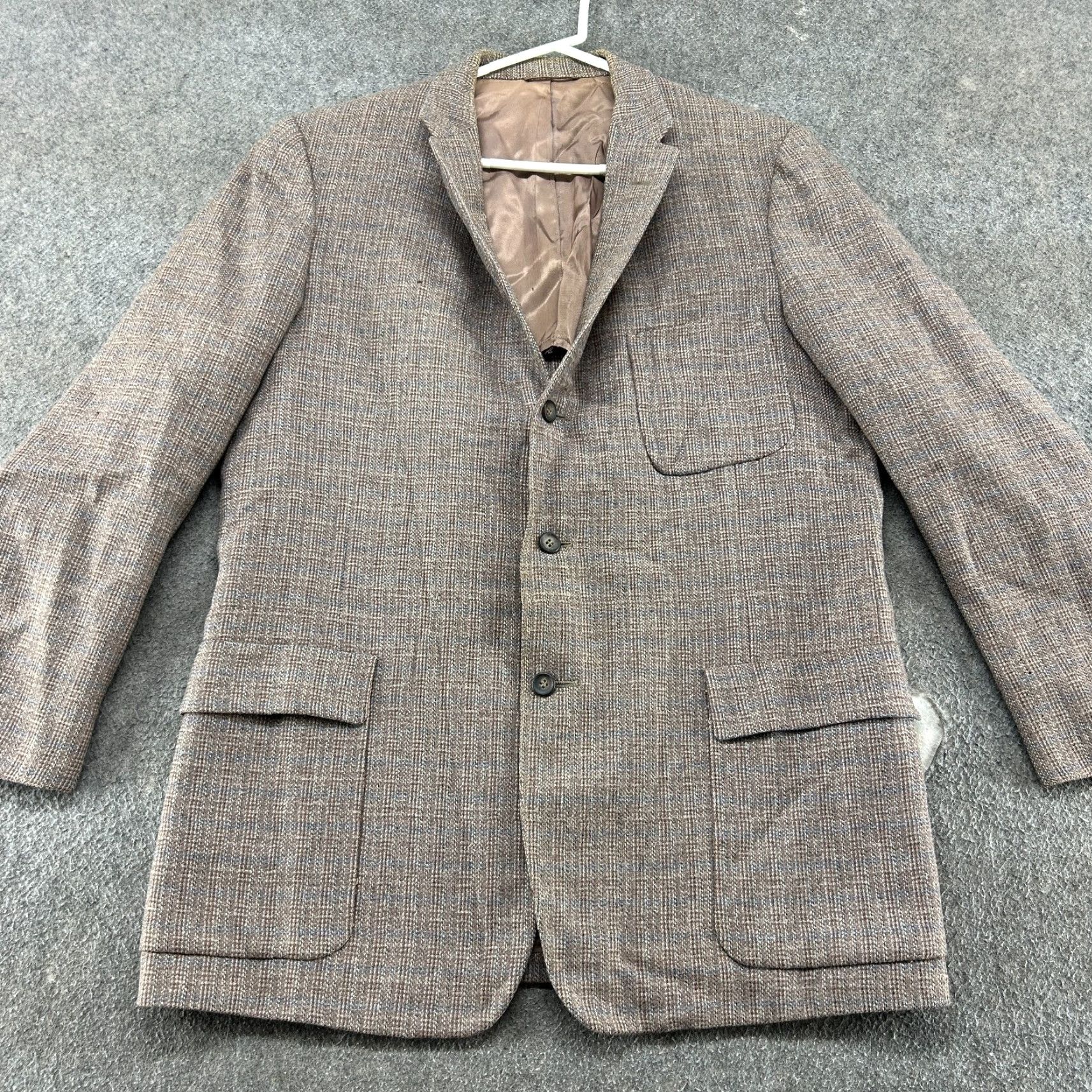 Vintage VINTAGE 60s Miller Brown Plaid Wool Blazer Coat 2 Piece Single-Breasted Notch Lapel Chest 44 Regular Mens Defective Holes 90s Sports Jacket Weathered Size 44R - 4 Thumbnail