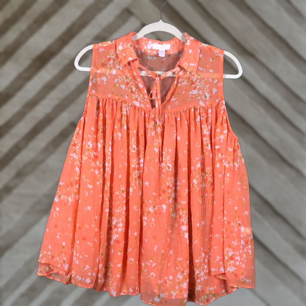 Lauren Conrad VINTAGE LC Lauren Conrad Blouse Womens Sleeveless Floral V-Neck 0X Orange White Pleated Popover Pullover Size XL / US 12-14 / IT 48-50 - 1 Thumbnail