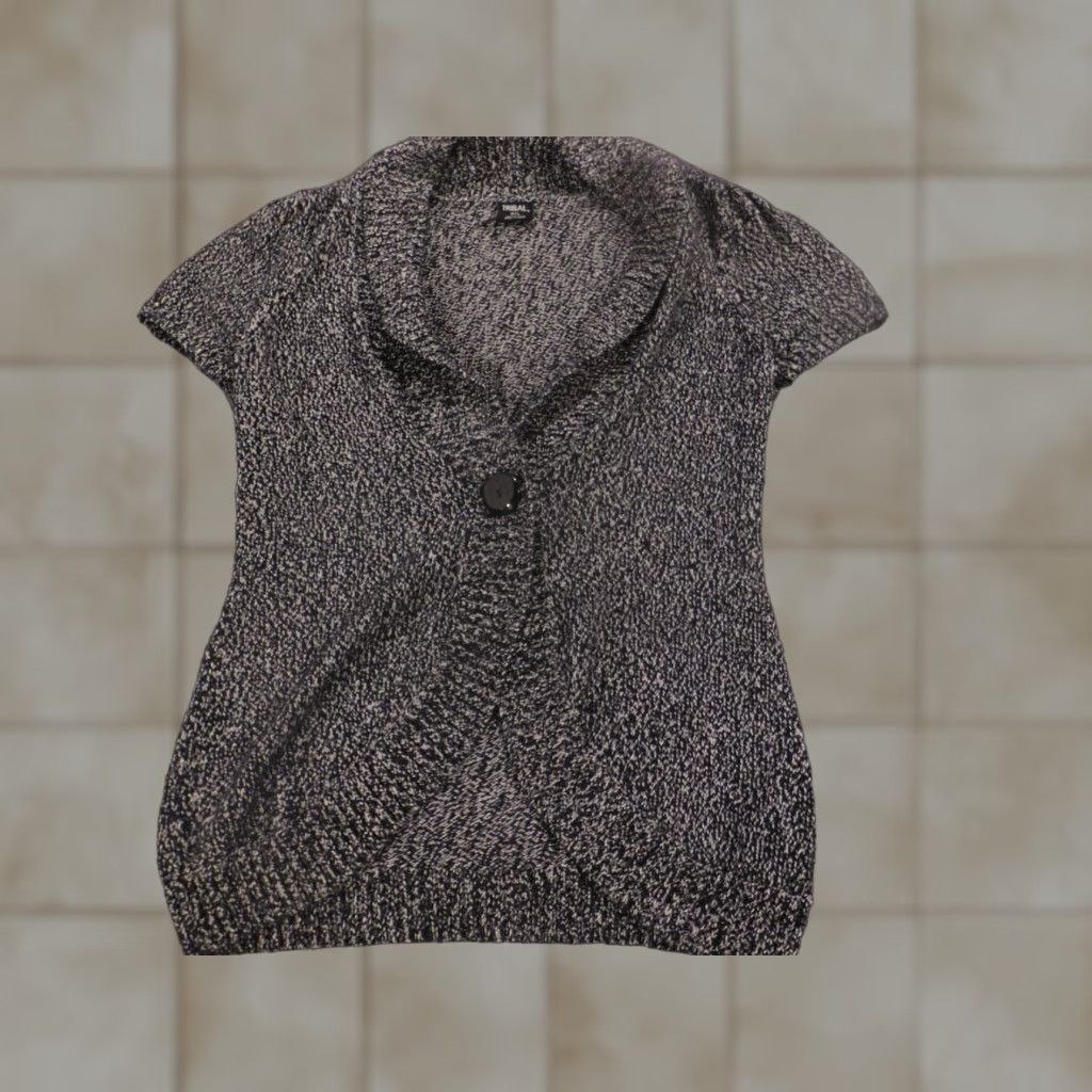 Vintage Tribal Womens Cardigan Sweater L Gray Crew Neck Button Stretch Open Front Knit Short Sleeve Regular Size L Women Size L / US 10 / IT 46 - 1 Thumbnail