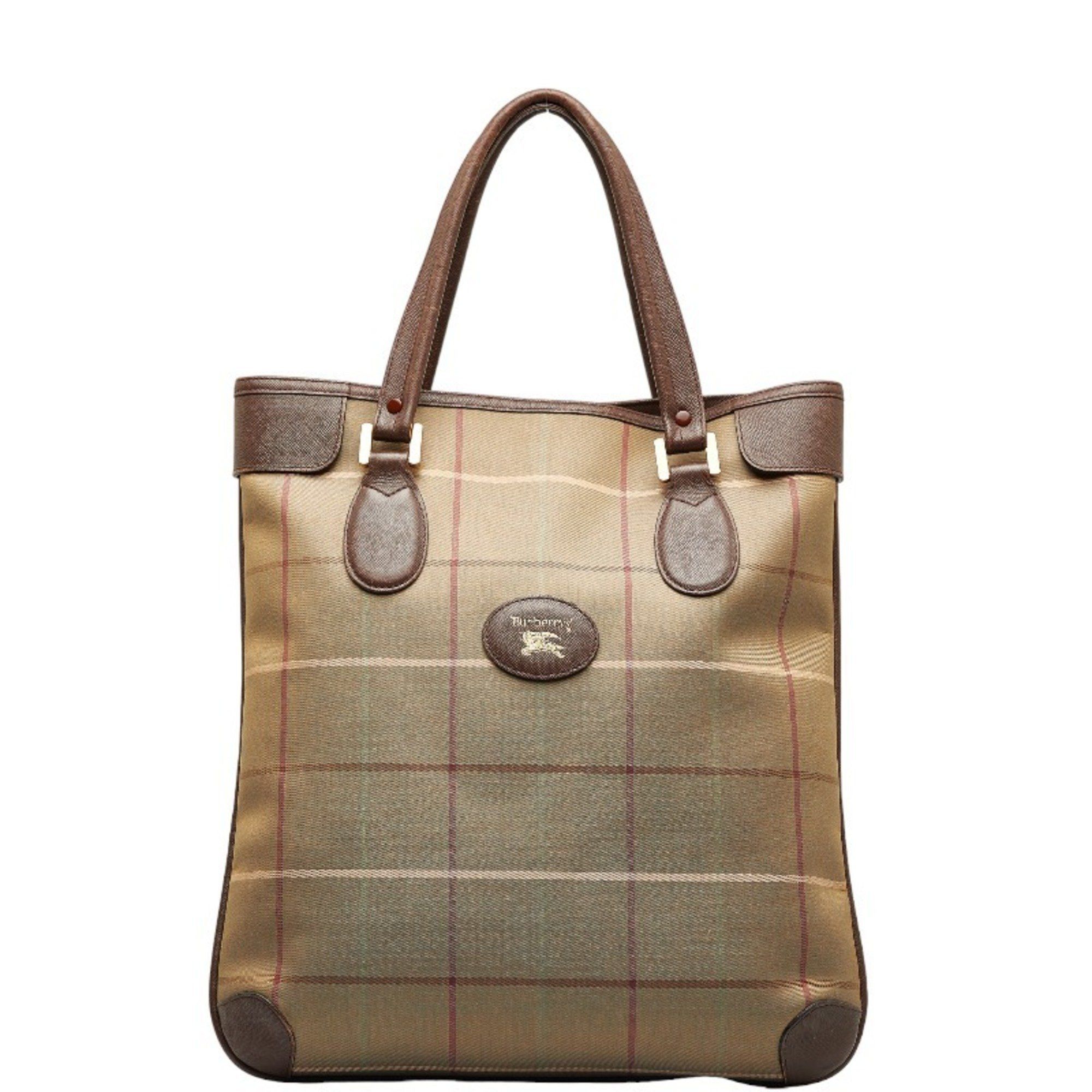 image of Burberry Horse Check Shoulder Bag Tote Khaki Brown Canvas Leather Women's Burberry