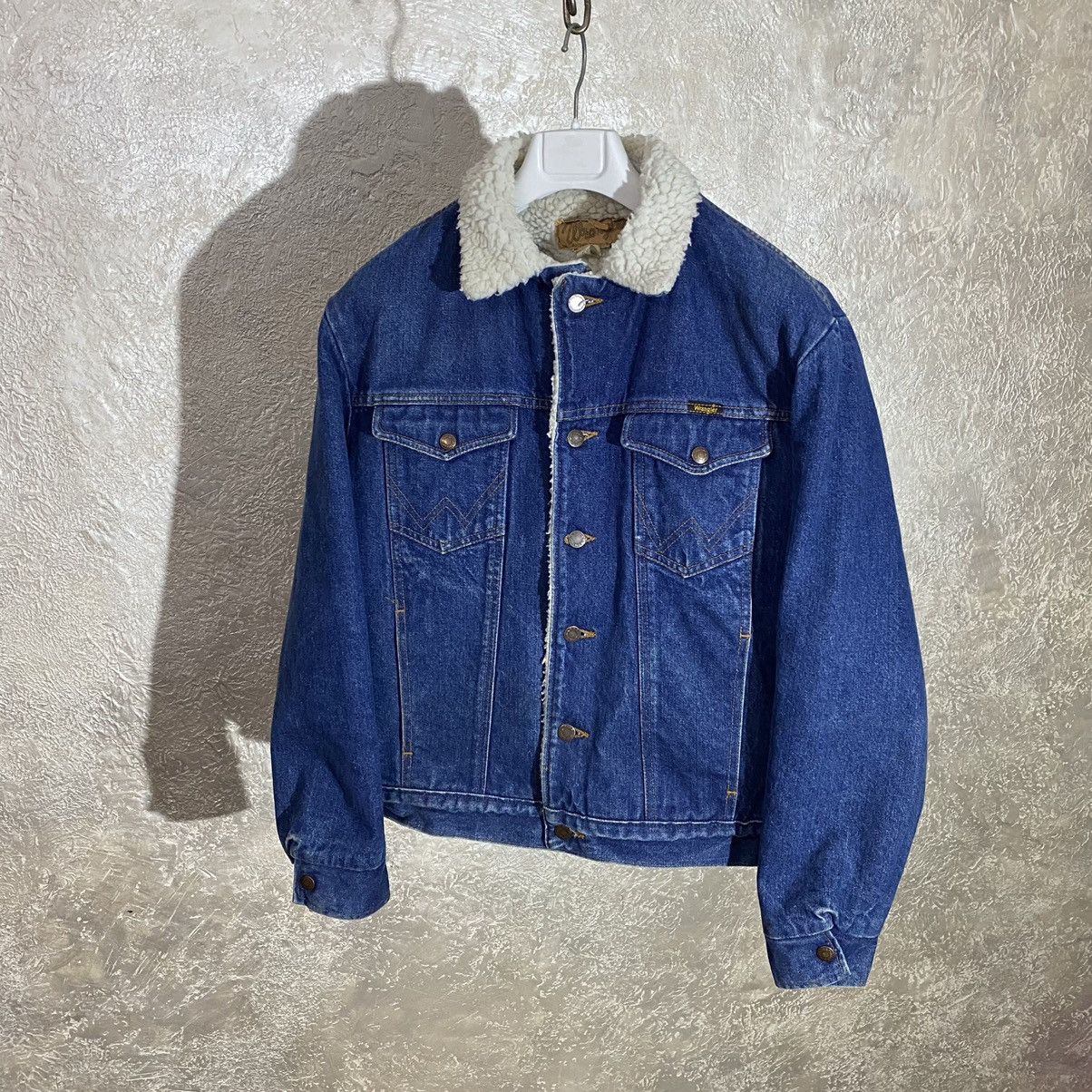image of Made In USA x Vintage Wrangler VTG 1990S Denim Faded Jacket Sherpa Fleece Y2K in Navy (Size Medium)