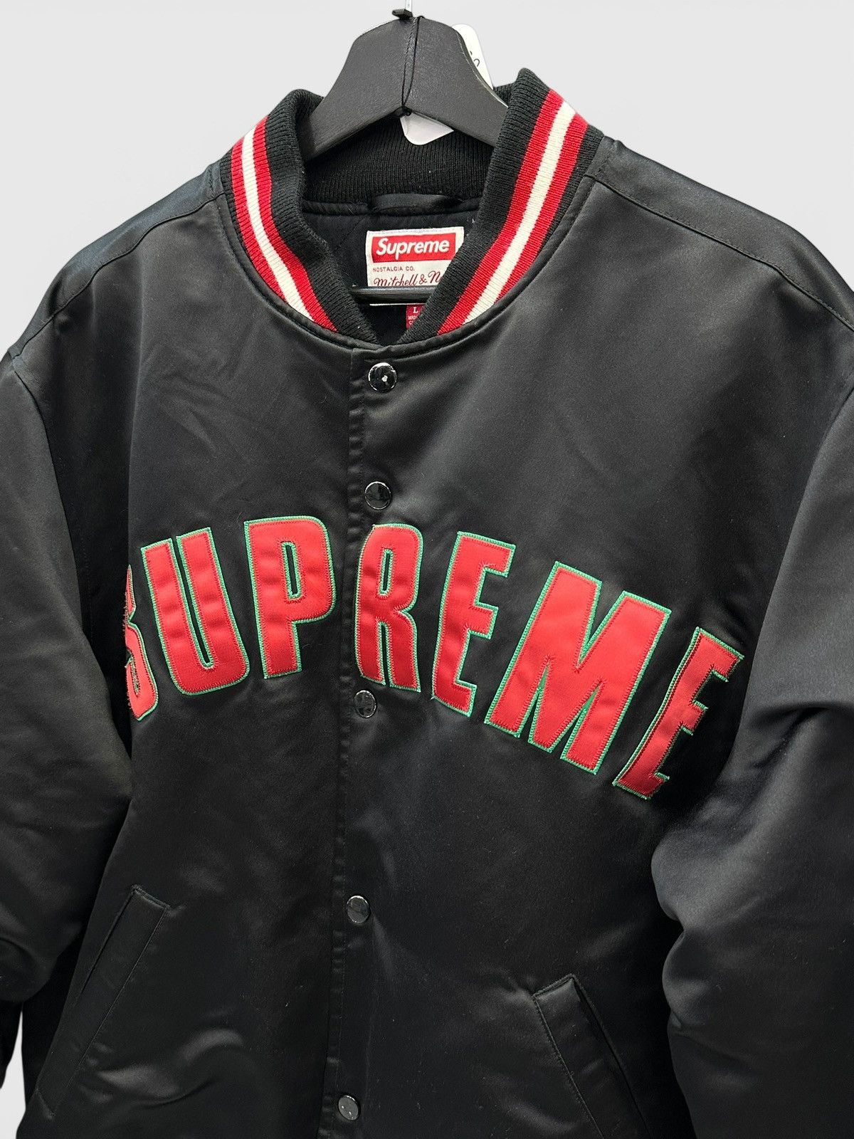 Supreme Supreme Mitchell & Ness Satin Black Varsity Jacket Size US L / EU 52-54 / 3 - 3 Thumbnail