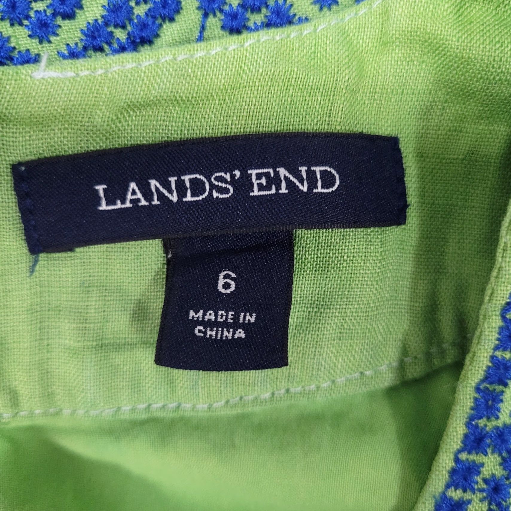 Lands' End Lands' End Green 100% Linen Embroidered Sleeveless Lined Short A-Line Dress 6 Size 28" / US 6 / IT 42 - 3 Thumbnail