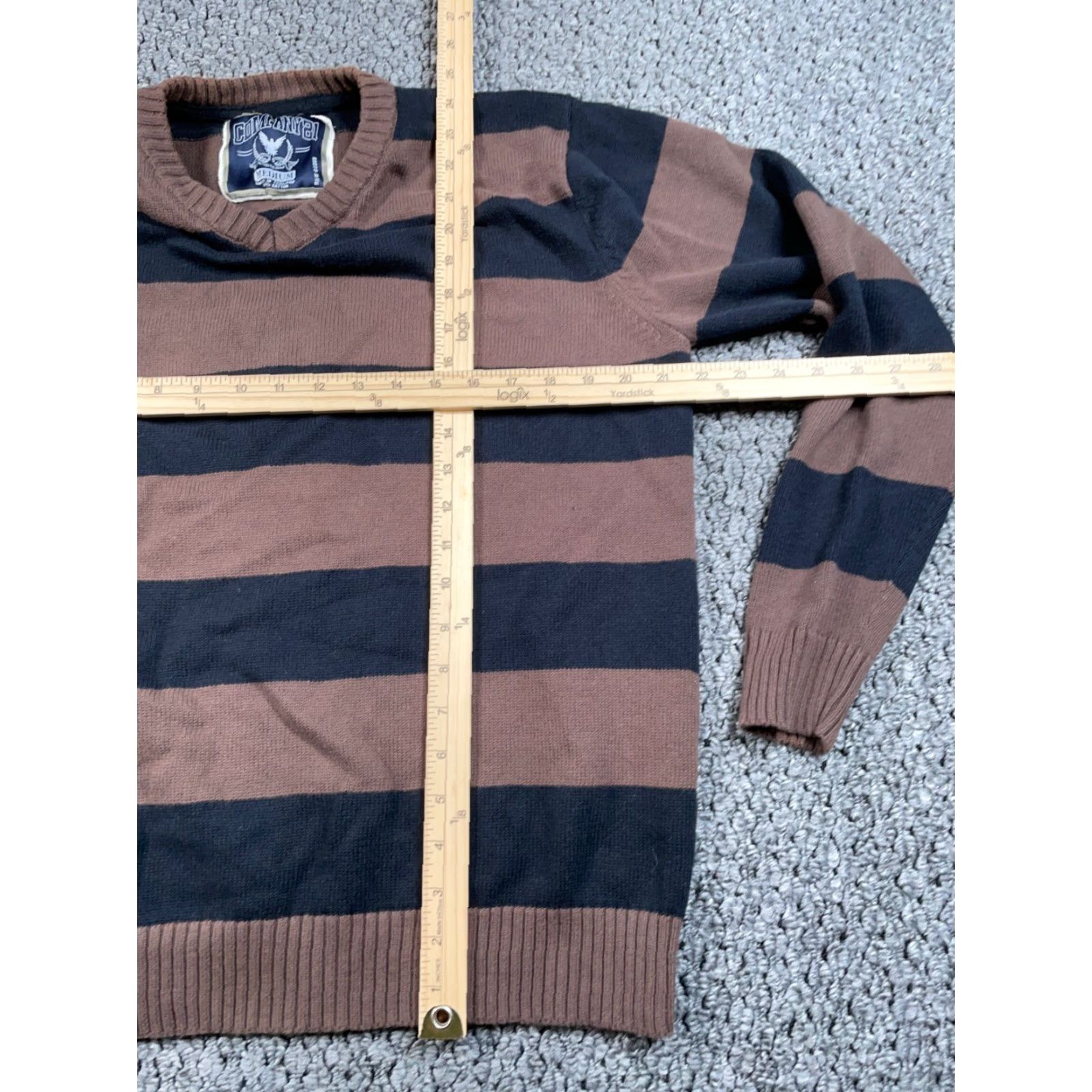 Vintage Company 81 Sweater Adult Medium Brown Striped V-Neck Cotton Knit Heavyweight Pullover Preppy Hipster Mens Size US M / EU 48-50 / 2 - 4 Thumbnail