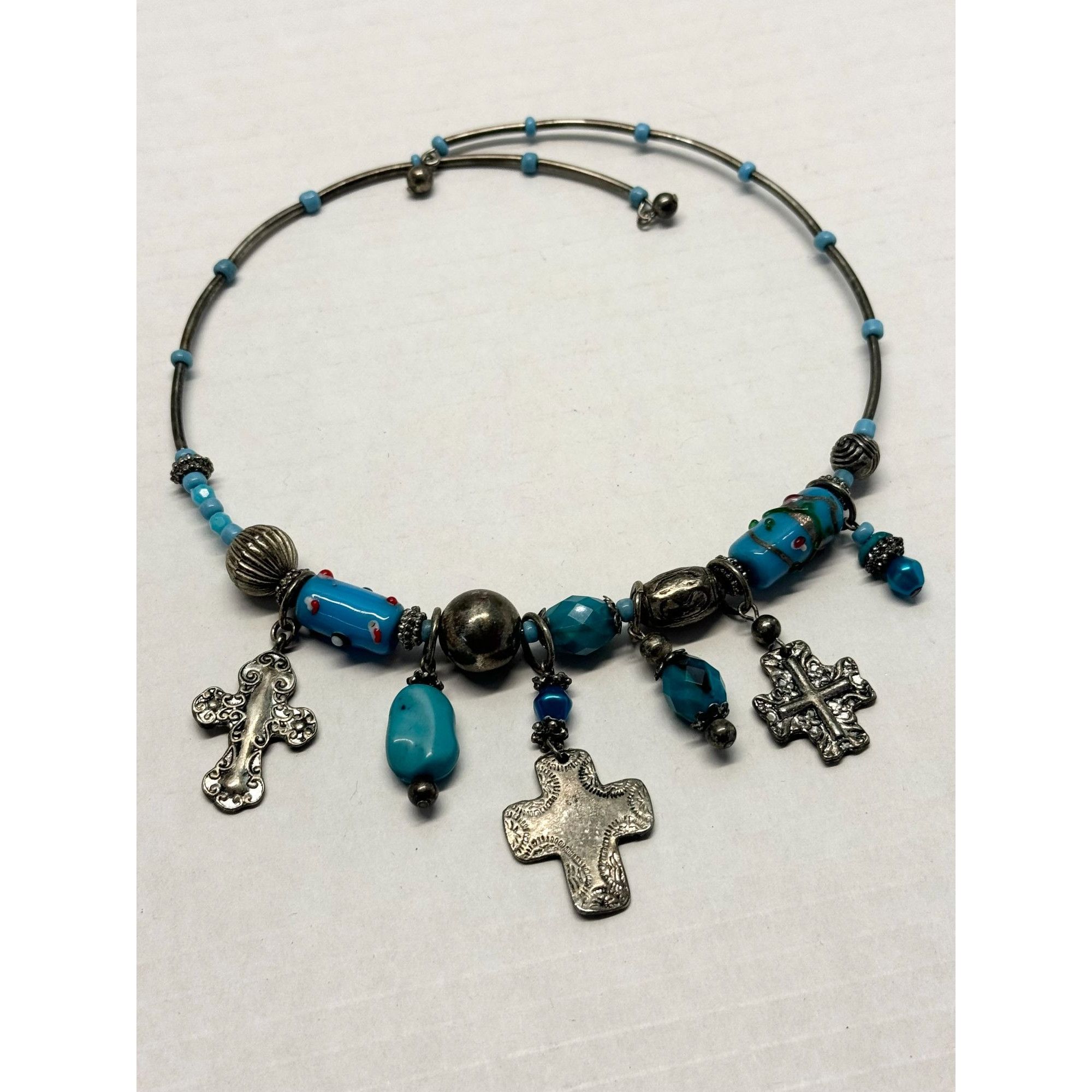 Vintage glass beaded cross charm choker necklace