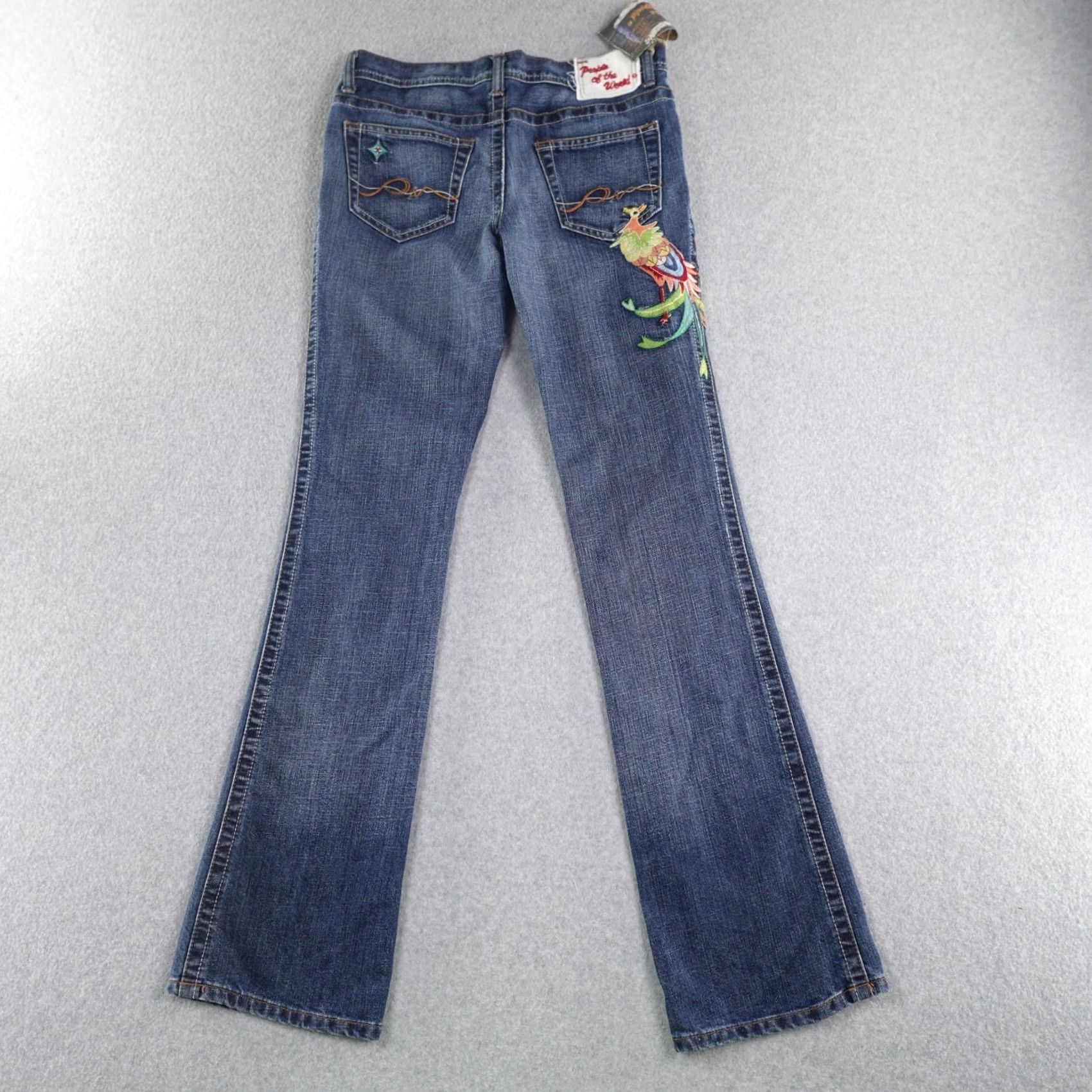 Vintage People of the World Jeans 29 (29X34) Embroidered Peacock Floral Blue Denim 5-Pocket Bootcut Women Adults Jeans Size 29" - 2 Thumbnail