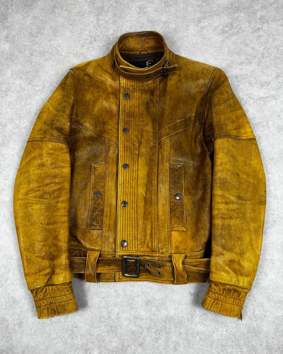 2000s Cavalli Biker Raw Brut Brown Yellow Leather Jacket