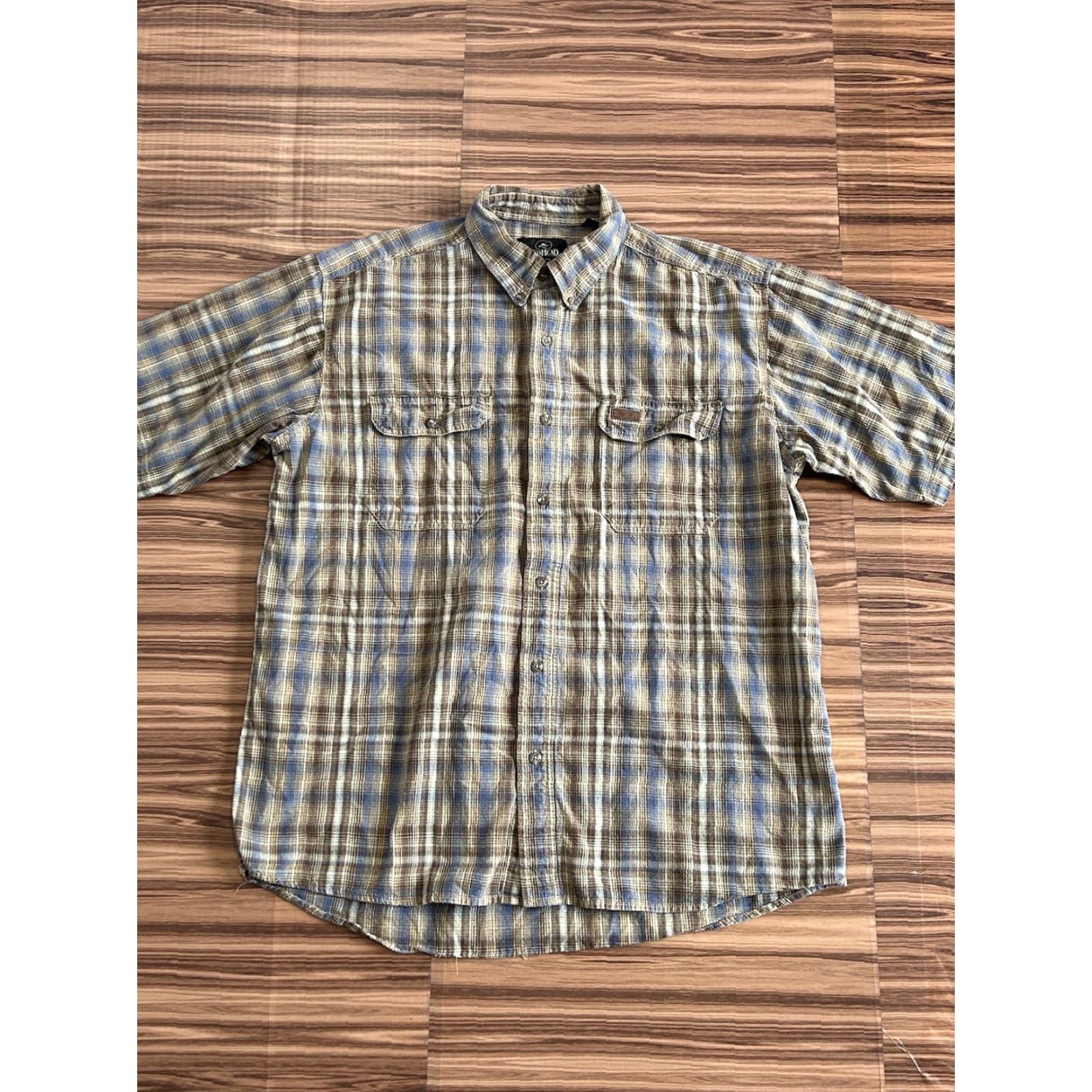 Vintage Red Head Mens Plaid Short Sleeve Button Shirt Beige Blue XL Size US 36 / EU 52 - 2 Thumbnail