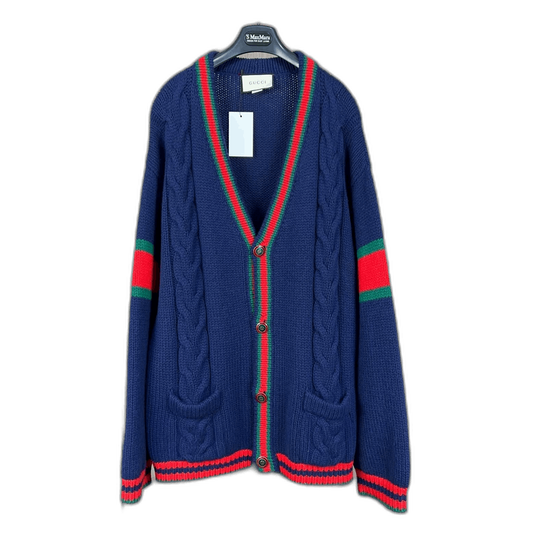 Gucci Gucci Blue Knit Cardigan with Red Green Stripes-2506 Size US XXL / EU 58 / 5 - 1 Thumbnail