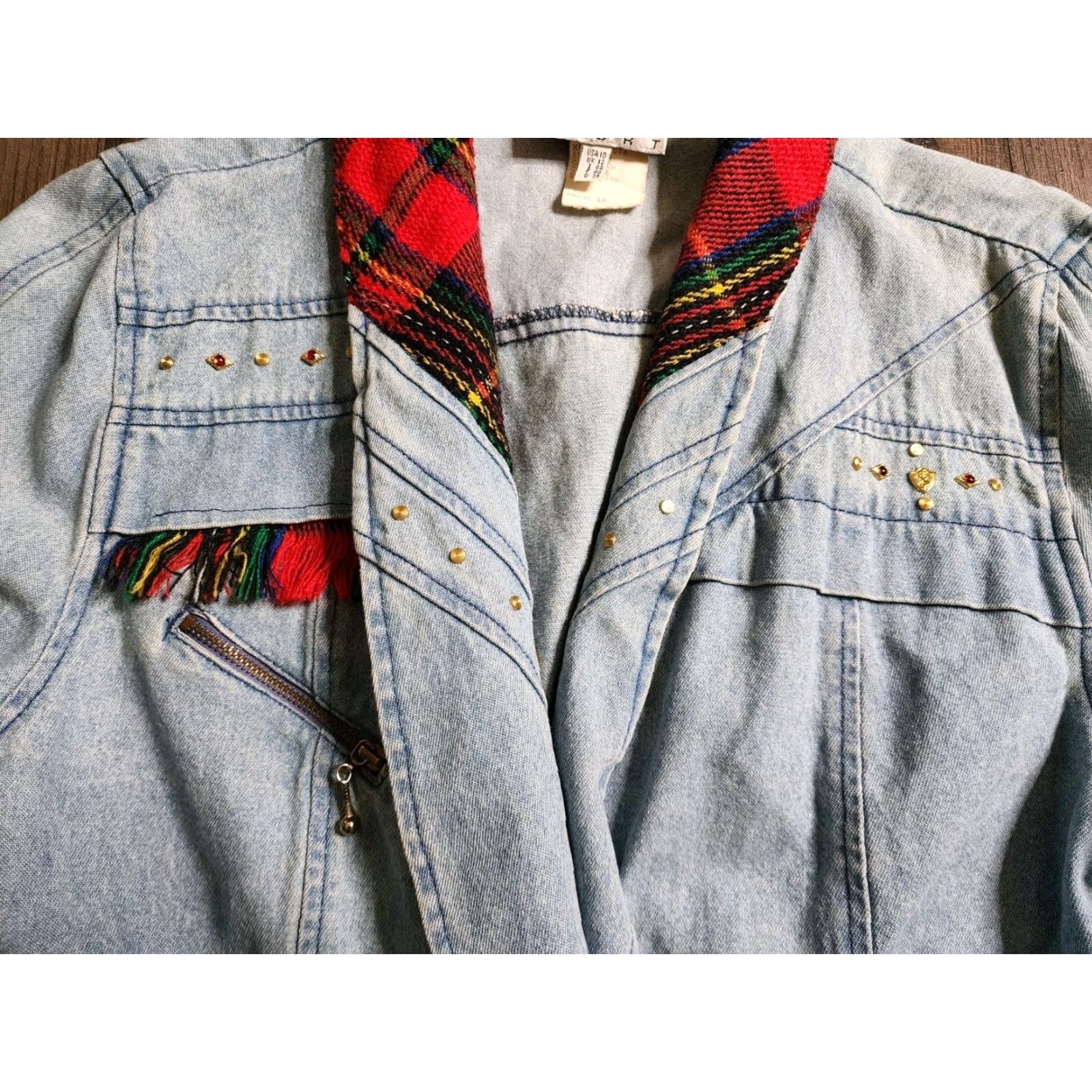 Denime VINTAGE City Girl Jacket Womens Size 10 Blue Plaid Denim 90s Size 32" / US 10 / IT 46 - 2 Thumbnail