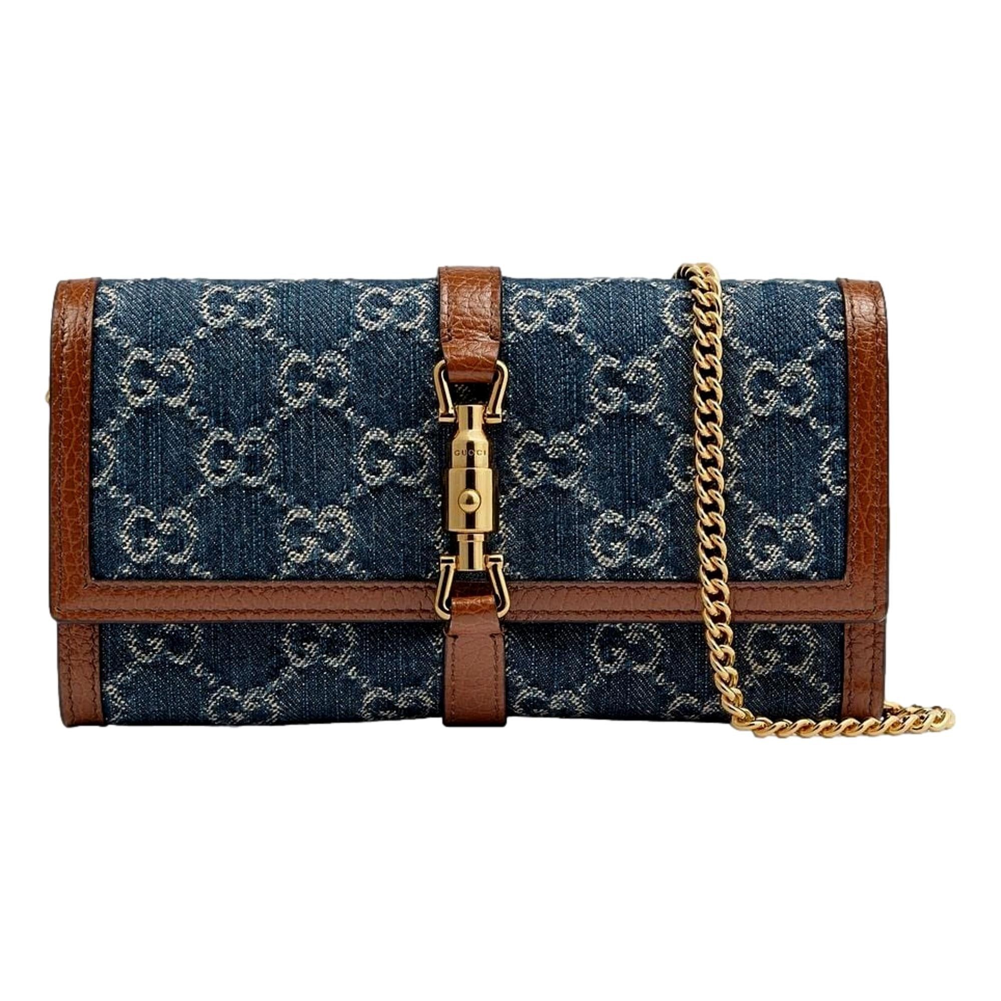 Gucci Jackie 1961 GG Monogram Blue Denim Wallet on Chain Crossbody Bag  652681