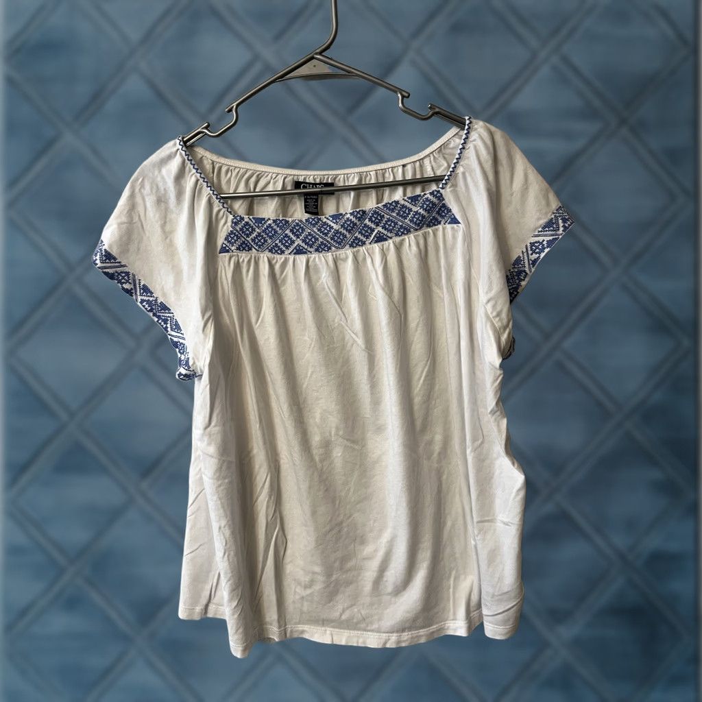 Chaps Chaps White Peasant Top Embroidered Neckline Square Neck Flutter Sleeve Cotton Blend Petite PXL Womens Blouse Country Size XL / US 12-14 / IT 48-50 - 1 Thumbnail