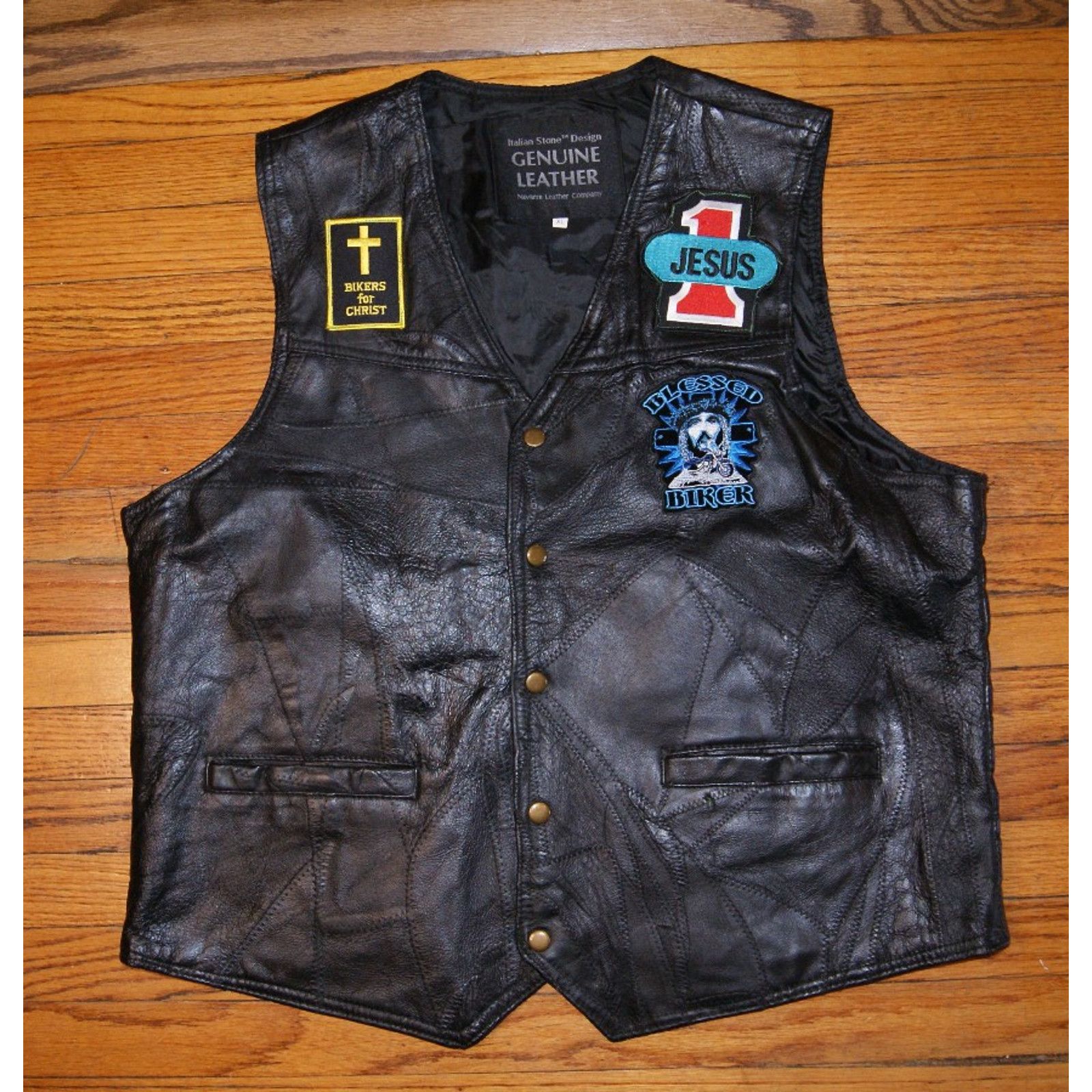 Vintage Genuine Leather Vest XL Navarre Leather Comp. Jesus Patches Size US XL / EU 56 / 4 - 1 Thumbnail