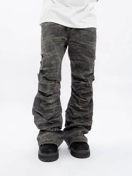 VIBE Army Green Special Camouflage Pleated Micro Flared Jeans Size US 34 / EU 50 - 2 Thumbnail