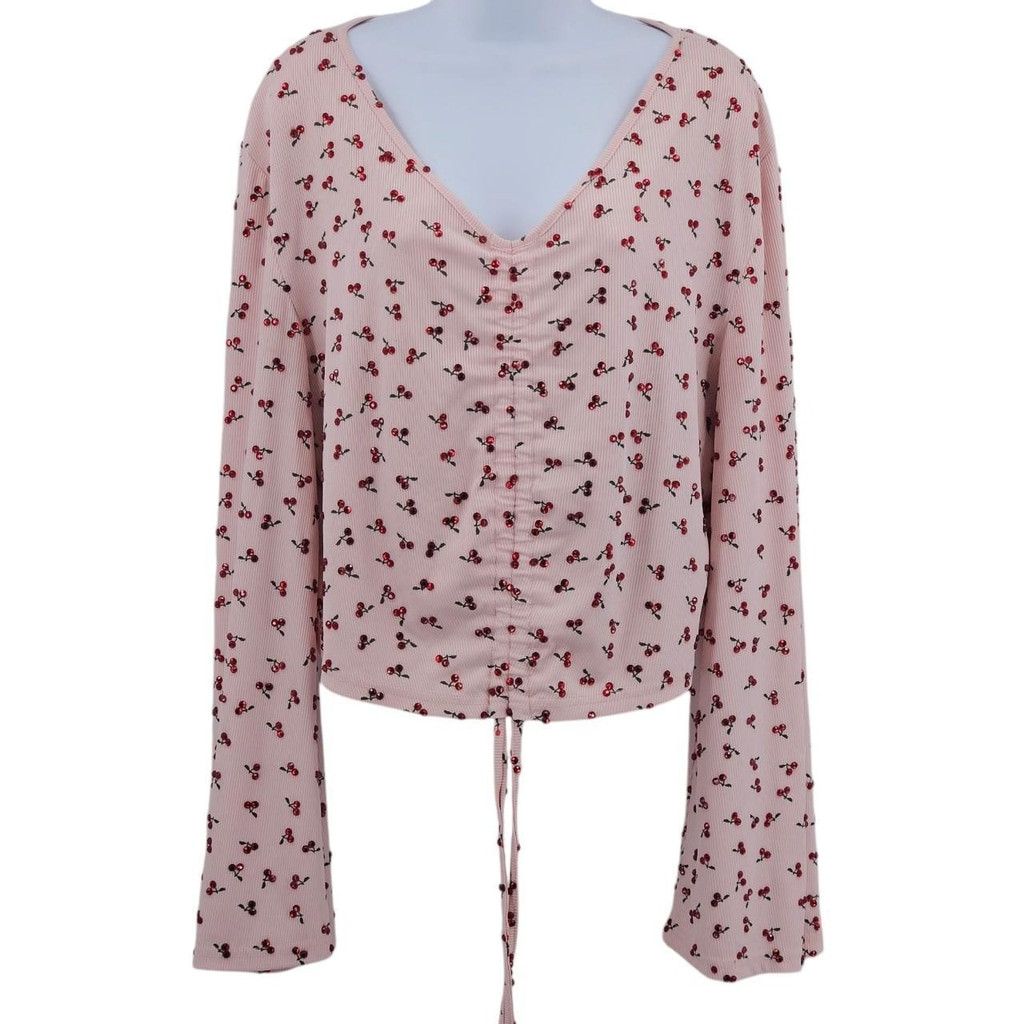 Hand-Rhinestoned Pink Cherry Print Ruched Blouse