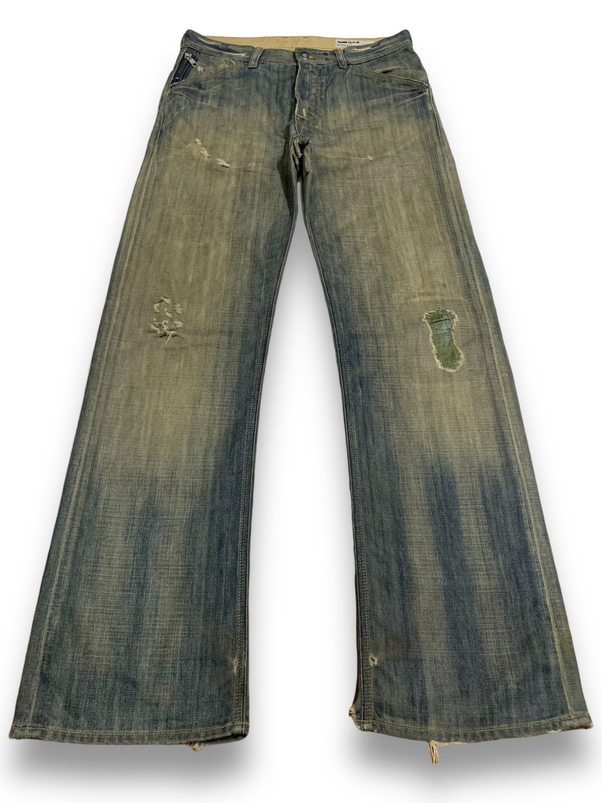 Pre-owned Gas X If Six Was Nine Vintage Gas Mud Wash Ripped Bondage Grunge Flared Jeans In Blue Yellow