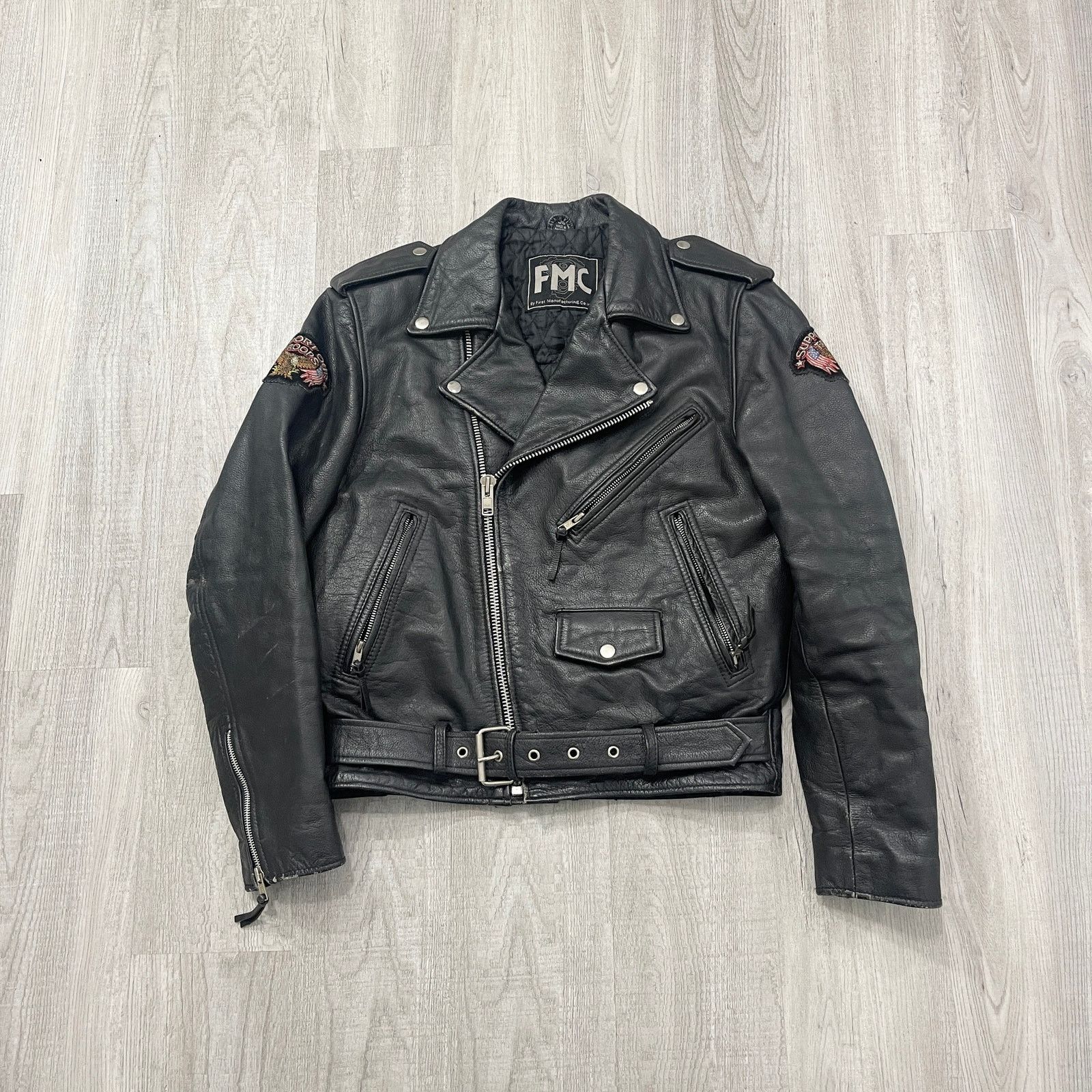 image of Vintage Fmc Leather Riding Motorcycle Jacket Freedom Of Road in Black, Men's (Size Small)