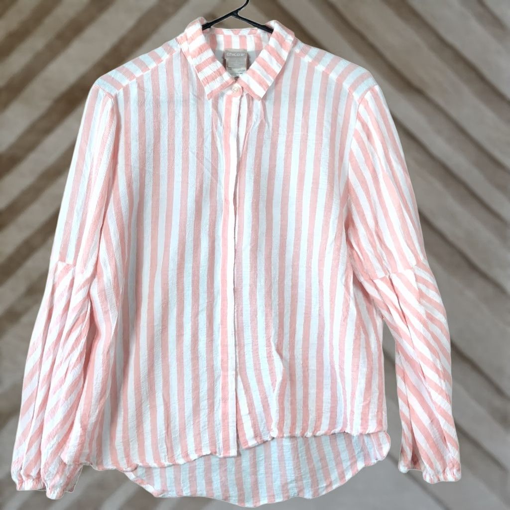 Vintage Chicos Womens Blouse Pink White Striped Collared Button Down Long Sleeve L Size L / US 10 / IT 46 - 1 Thumbnail