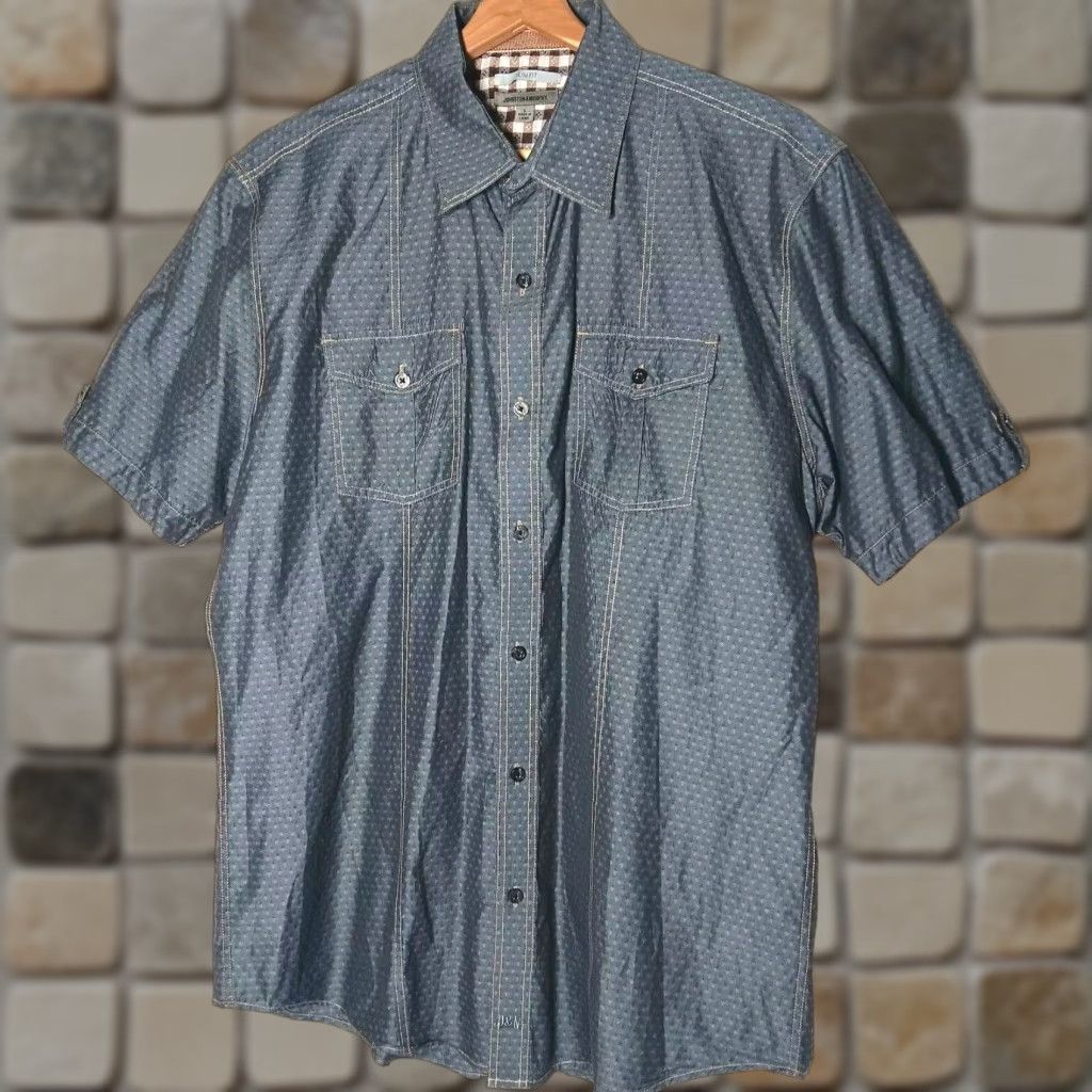 Johnston & Murphy Johnston & Murphy Shirt Men L Slim Blue Diamond Woven Cotton Button Up Short Sleeve Collared Button-Front Shirt Size US L / EU 52-54 / 3 - 1 Thumbnail