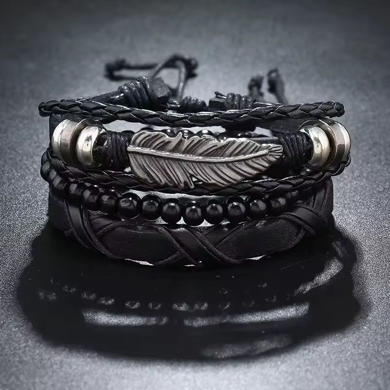 Leather Feather and Beads Adjustable Bracelet Size ONE SIZE - 5 Thumbnail