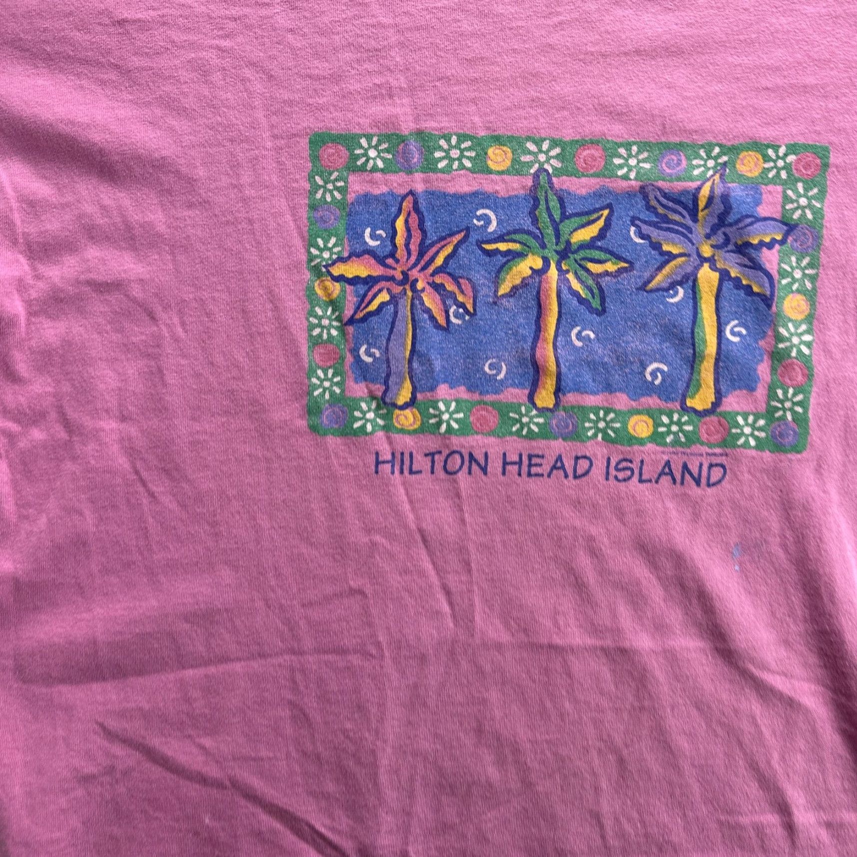 Anvil VINTAGE Hilton Head Island T-Shirt Men One Size Pink Palm Tree Graphic 90s Beach Travel Tee Size US L / EU 52-54 / 3 - 4 Thumbnail